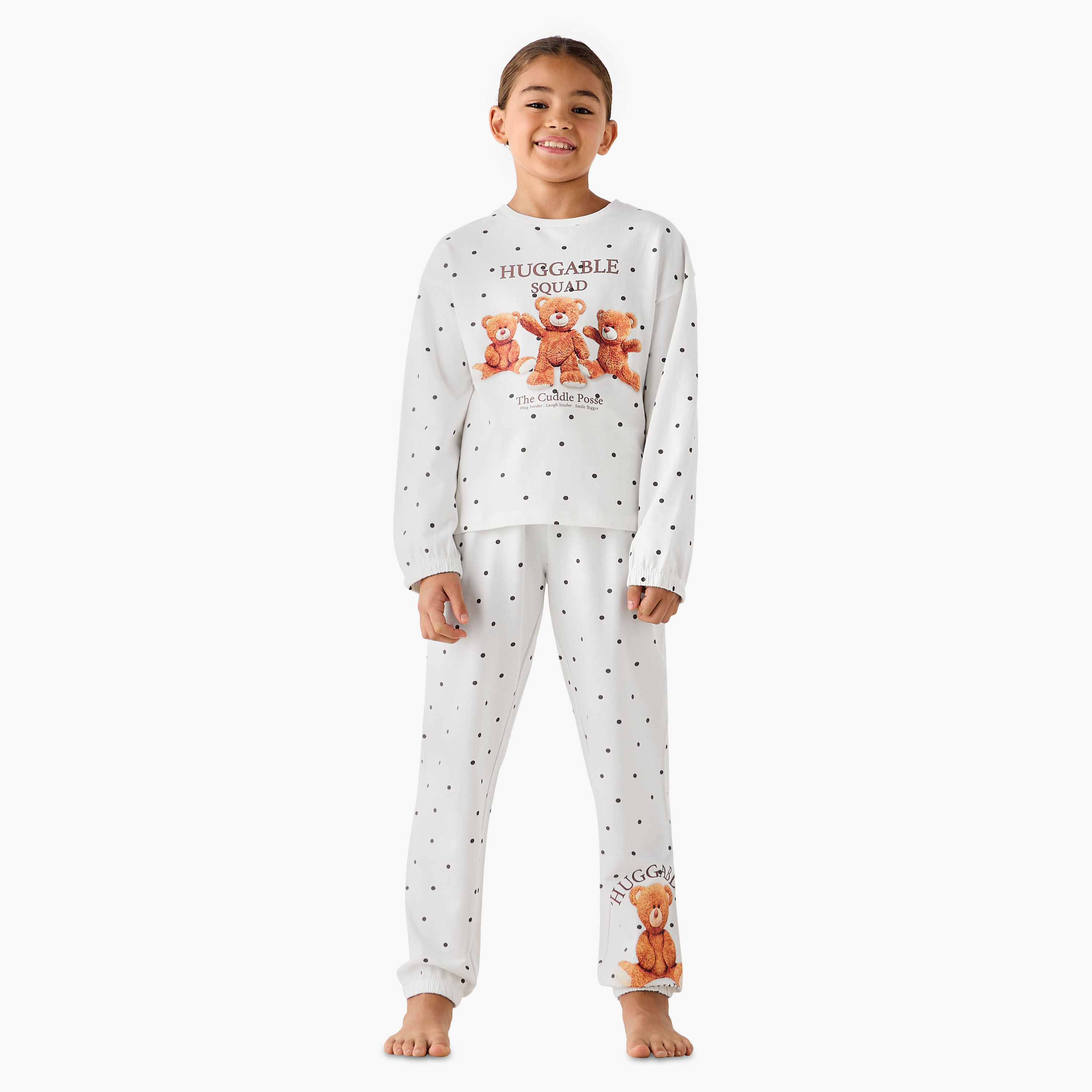 Juniors Cotton Round Neck Long Sleeve Pyjama Set with Teddy Bear Print-girls-clothing-winterwear-pyjamasets-image-1