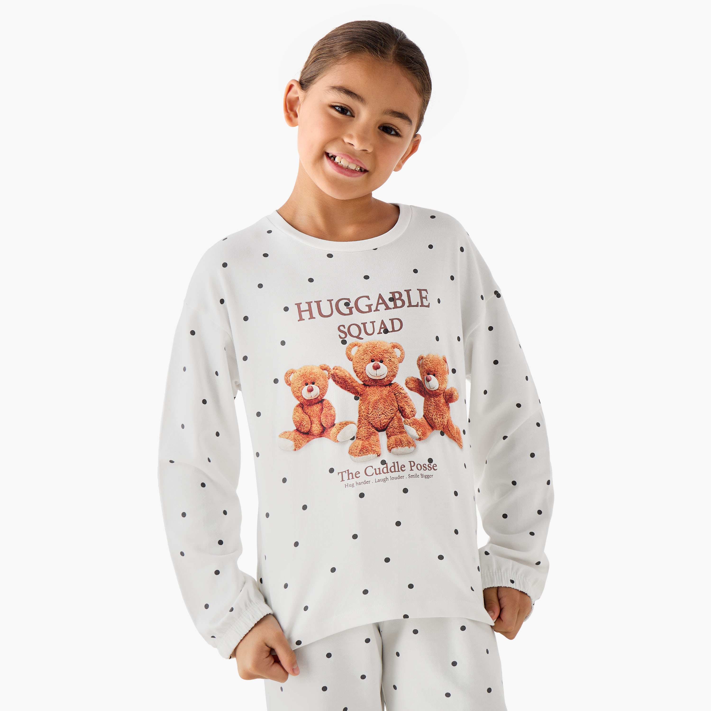 Juniors Cotton Round Neck Long Sleeve Pyjama Set with Teddy Bear Print-girls-clothing-winterwear-pyjamasets-image-2