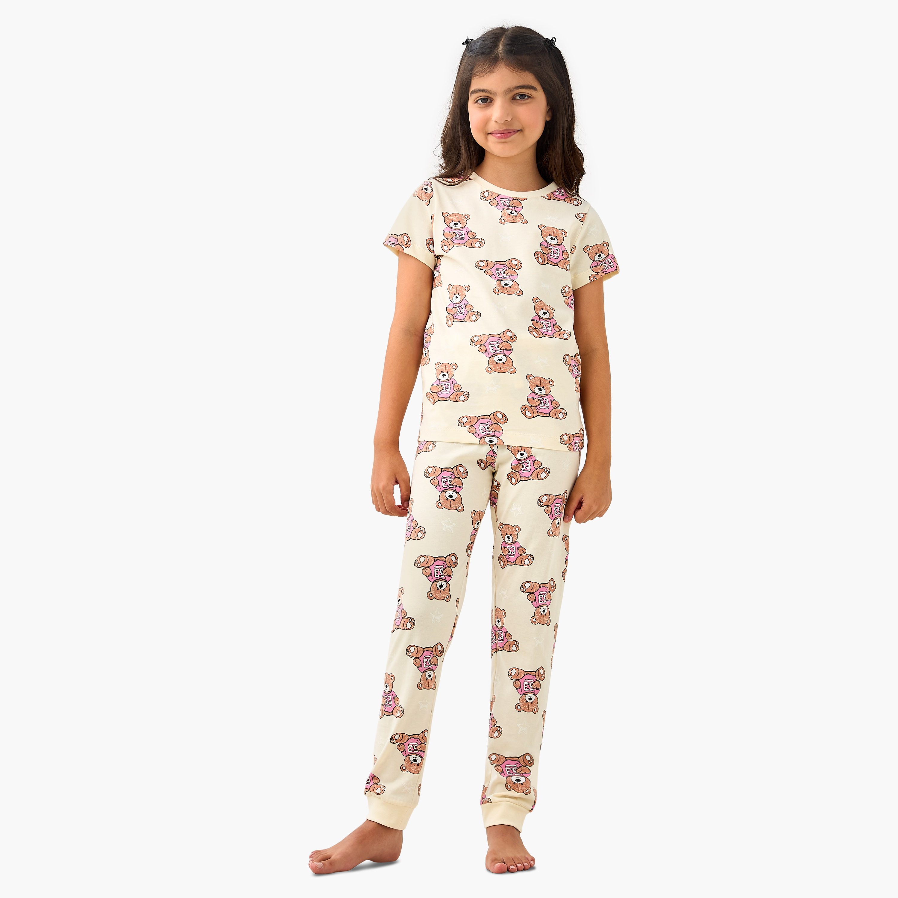 Juniors Teddy Bear Print T-shirt and Pyjama Set-girls-clothing-nightwear-image-1