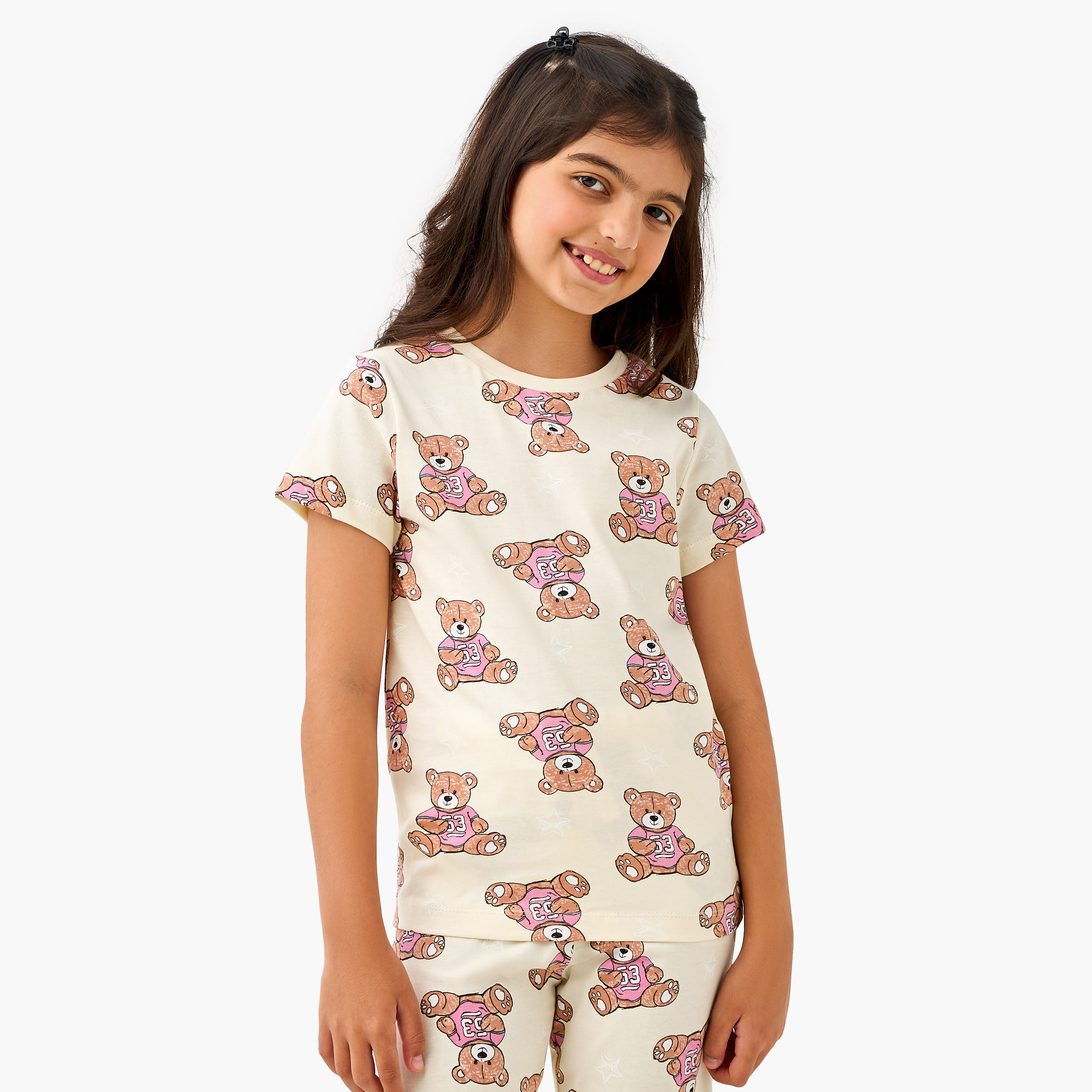 Juniors Teddy Bear Print T-shirt and Pyjama Set-girls-clothing-nightwear-image-2