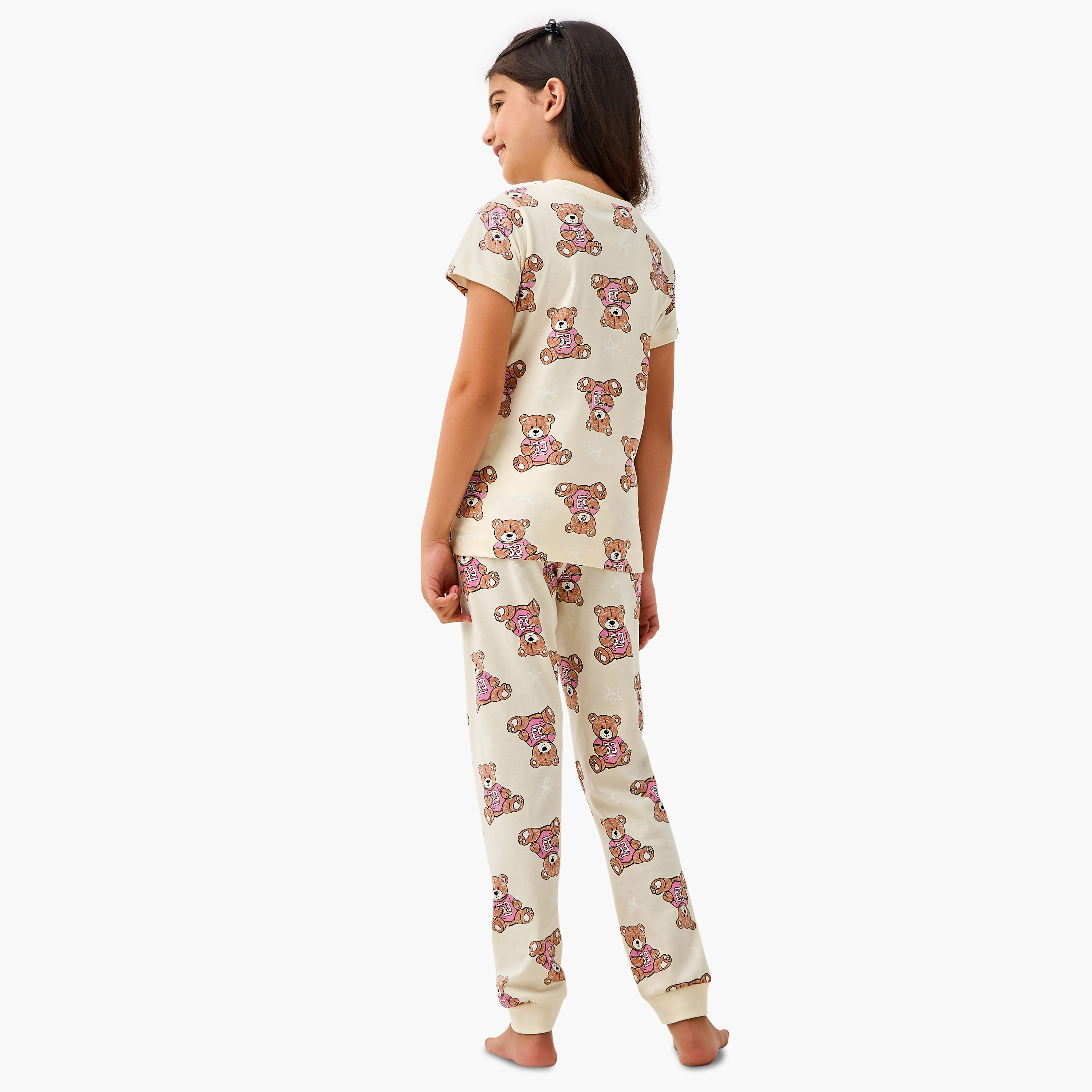 Juniors Teddy Bear Print T-shirt and Pyjama Set-girls-clothing-nightwear-image-4