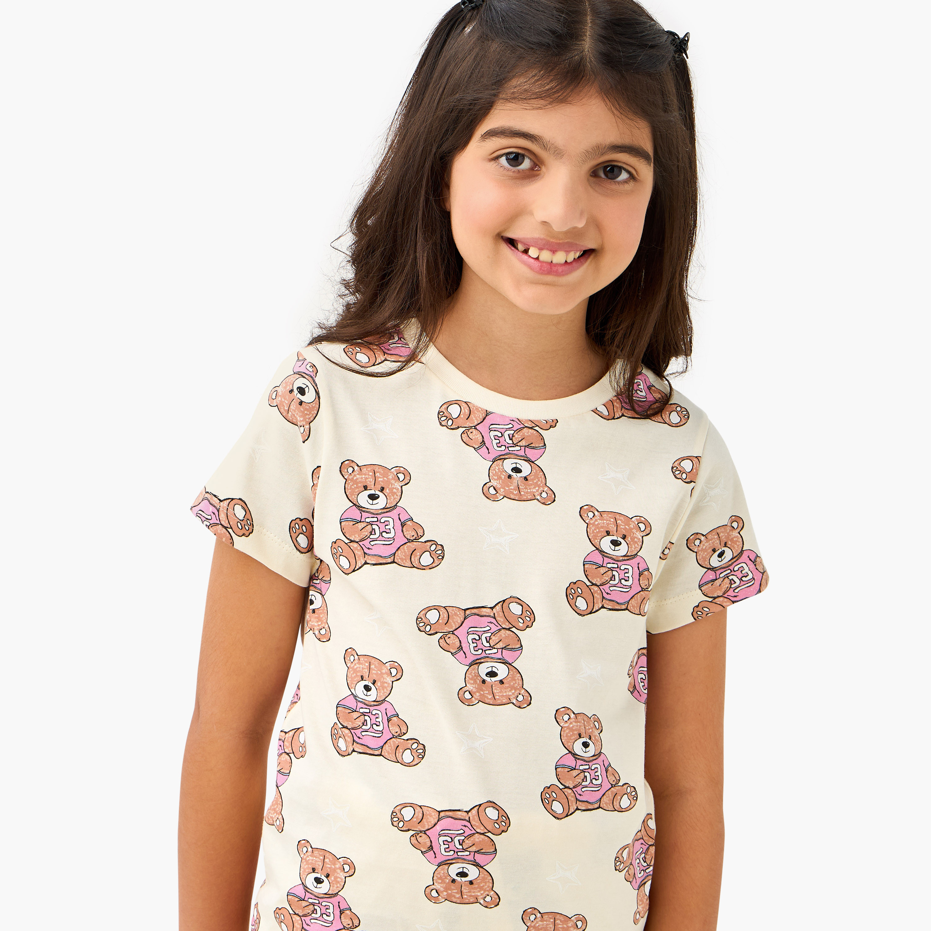 Juniors Teddy Bear Print T-shirt and Pyjama Set-girls-clothing-nightwear-image-5