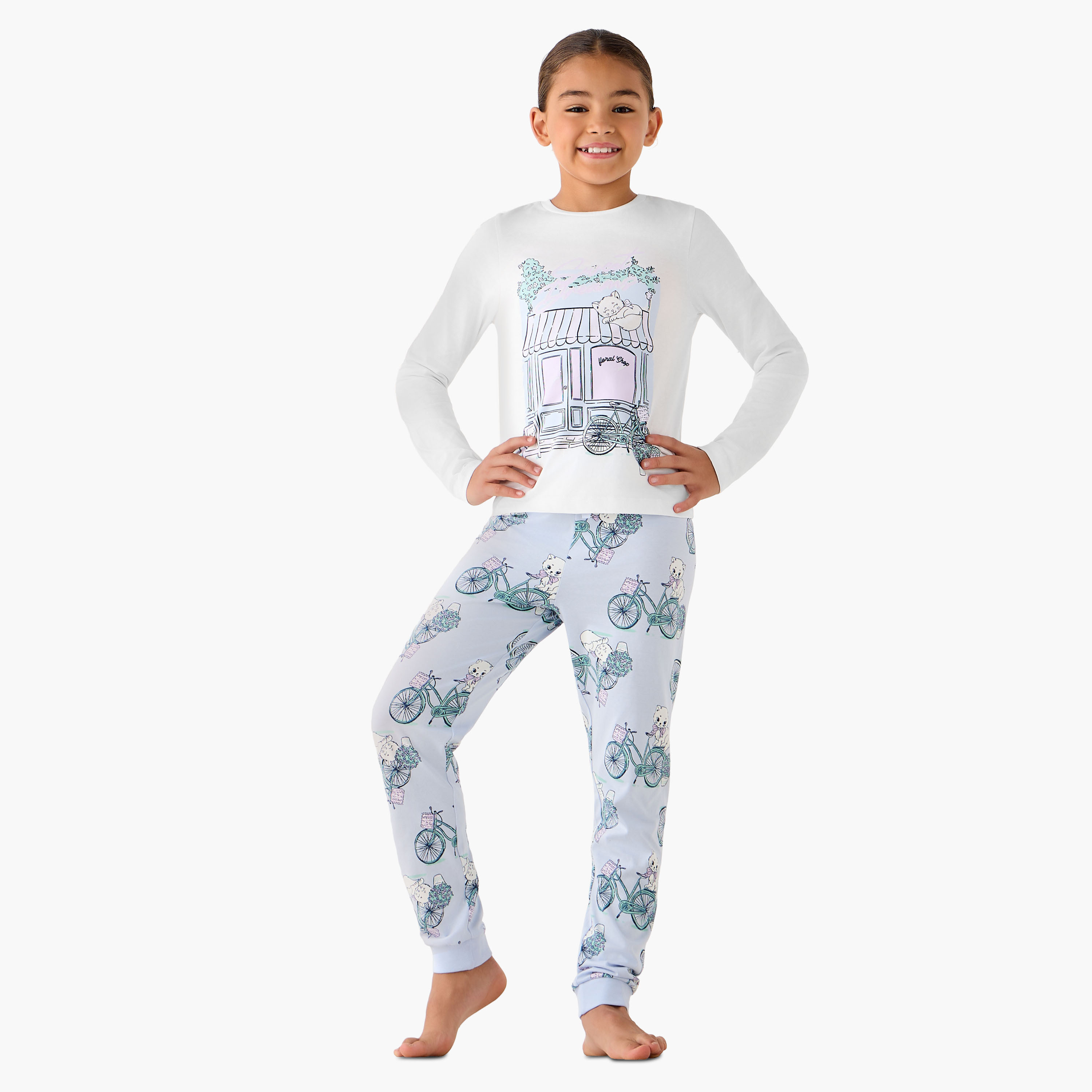 Junios Girls T-shirt and Pyjama Set with Graphic Print - Cotton - Long Sleeves - Crew Neck-girls-clothing-nightwear-image-1