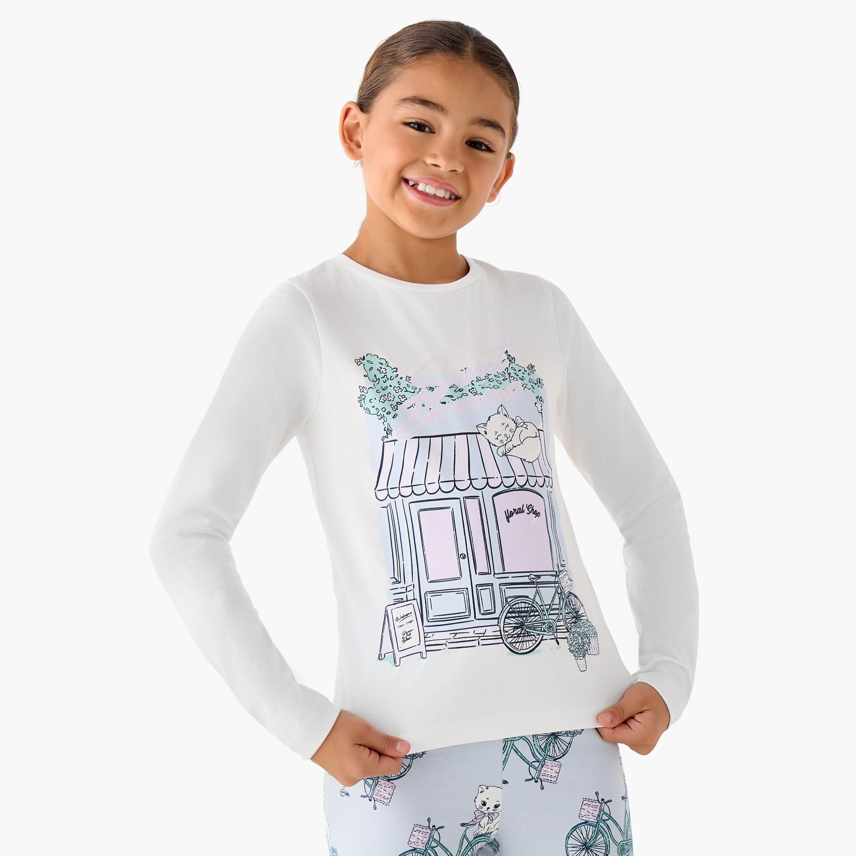 Junios Girls T-shirt and Pyjama Set with Graphic Print - Cotton - Long Sleeves - Crew Neck-girls-clothing-nightwear-image-2