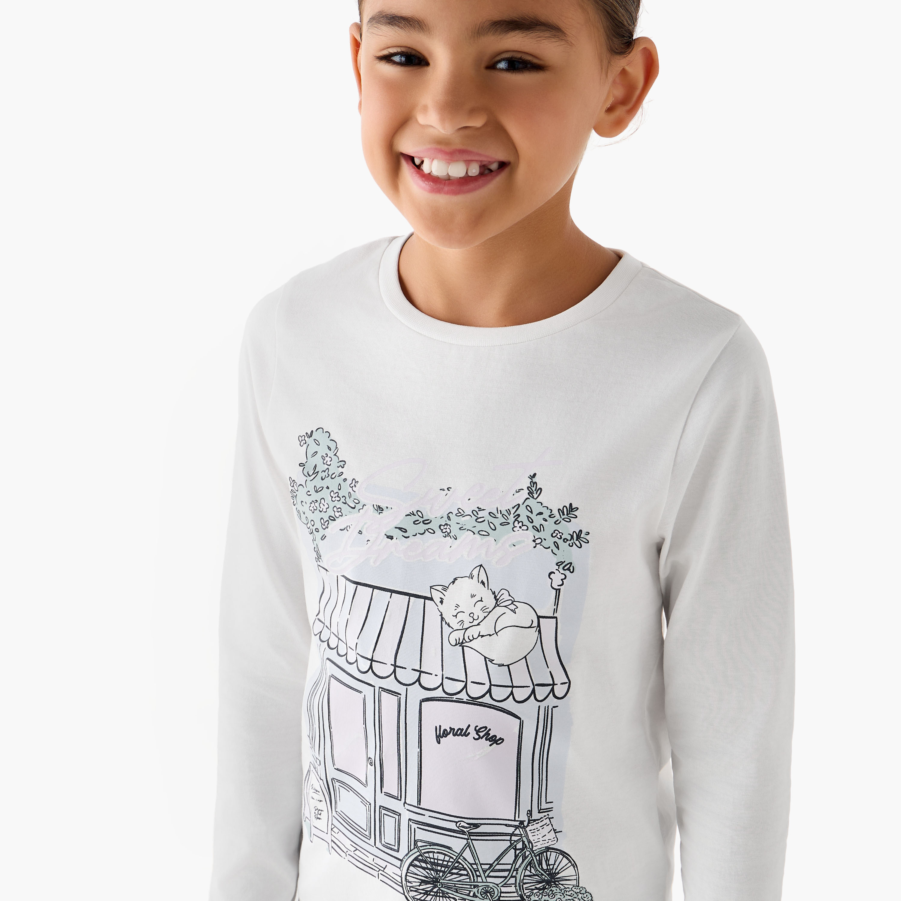 Junios Girls T-shirt and Pyjama Set with Graphic Print - Cotton - Long Sleeves - Crew Neck-girls-clothing-nightwear-image-5