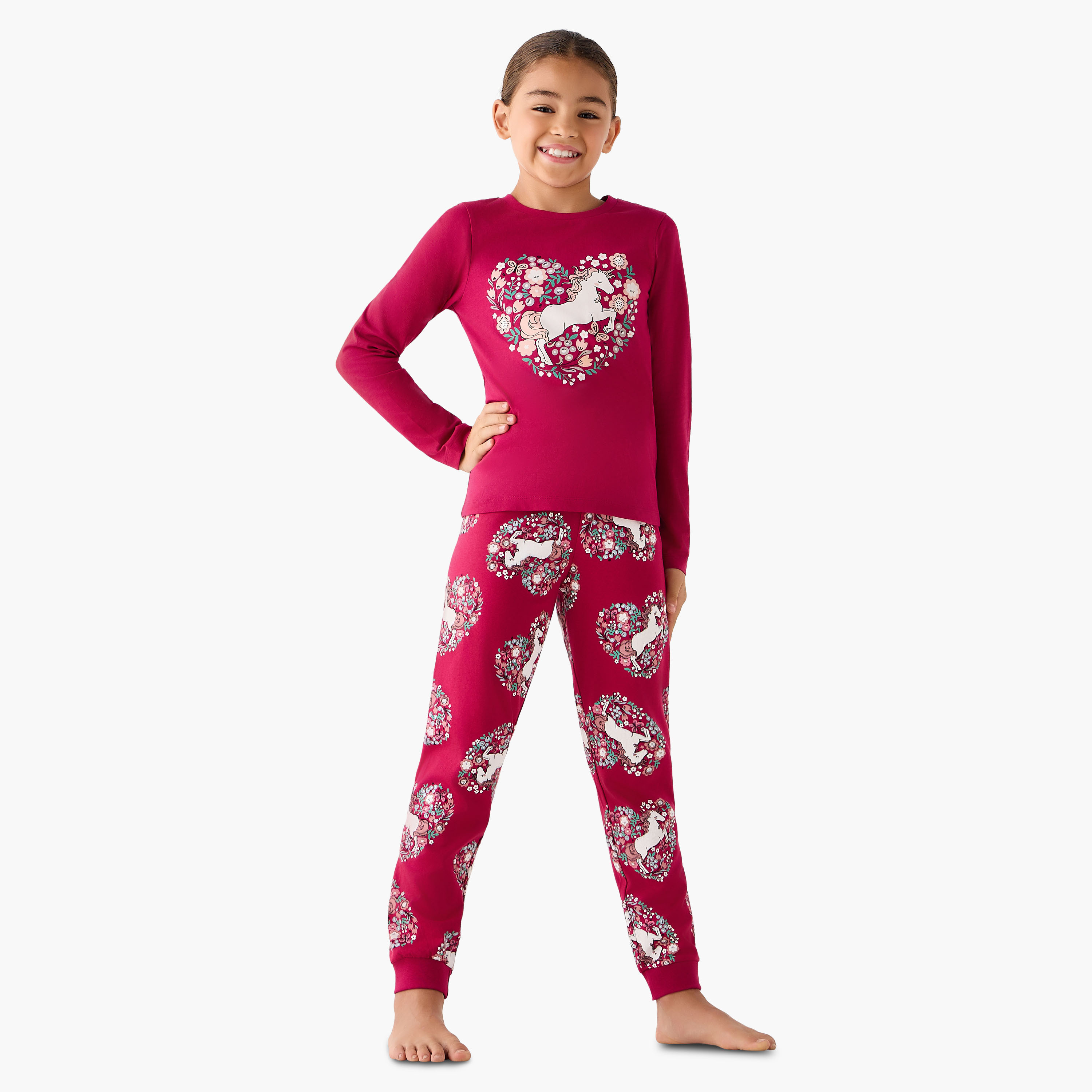 Juniors Cotton Crew Neck Long Sleeve Pyjama Set with Unicorn Print-girls-clothing-nightwear-image-1