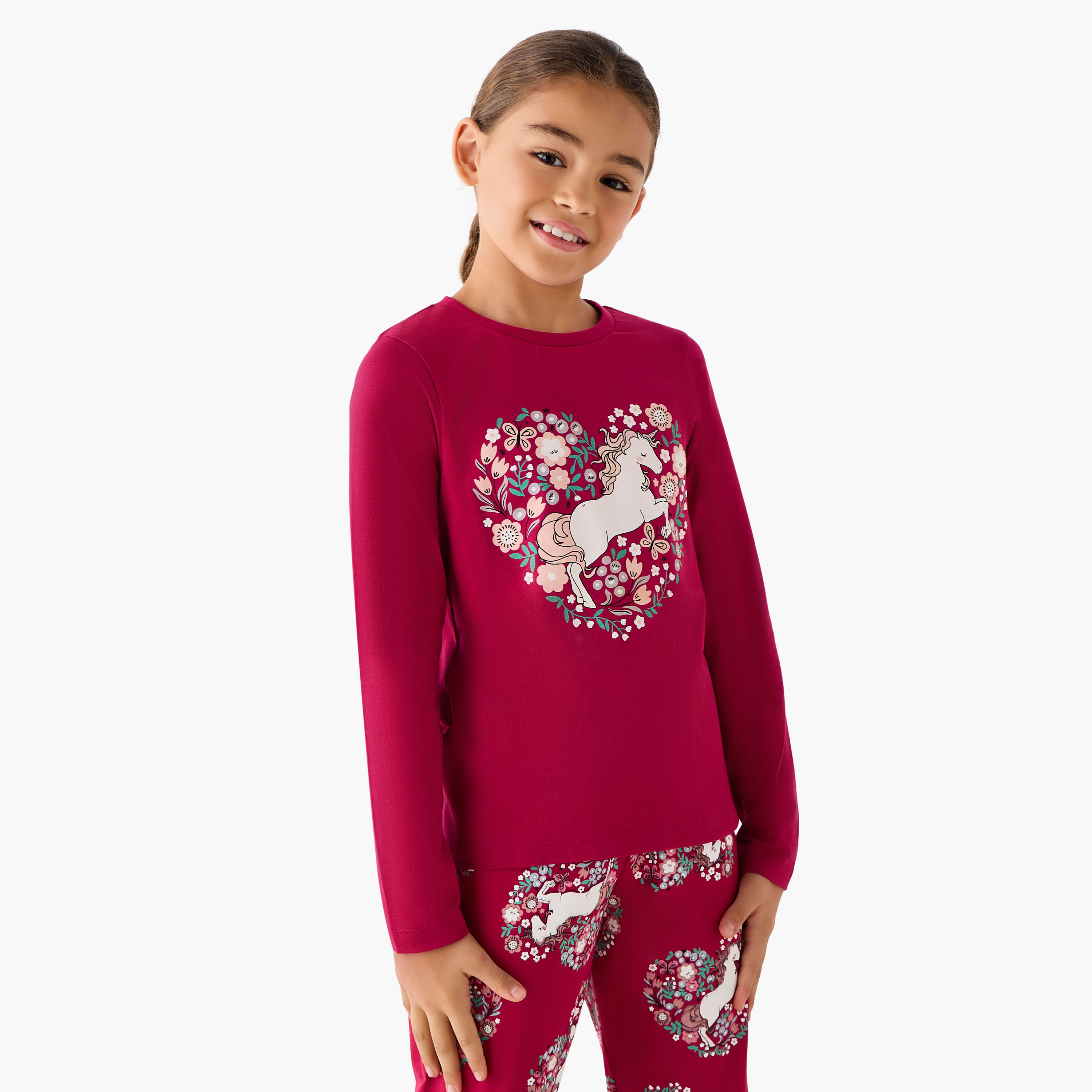 Juniors Cotton Crew Neck Long Sleeve Pyjama Set with Unicorn Print-girls-clothing-nightwear-image-2