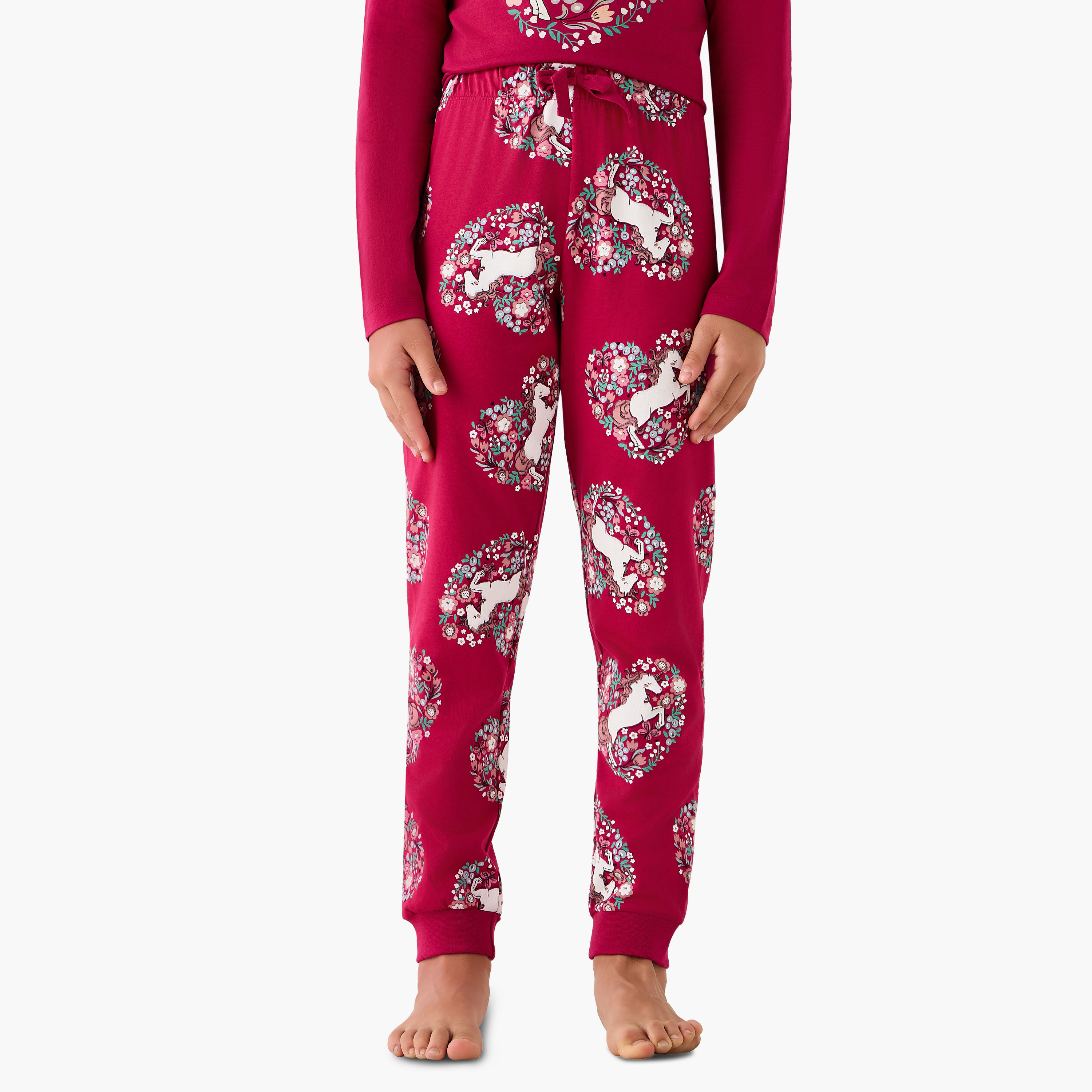 Juniors Cotton Crew Neck Long Sleeve Pyjama Set with Unicorn Print-girls-clothing-nightwear-image-3