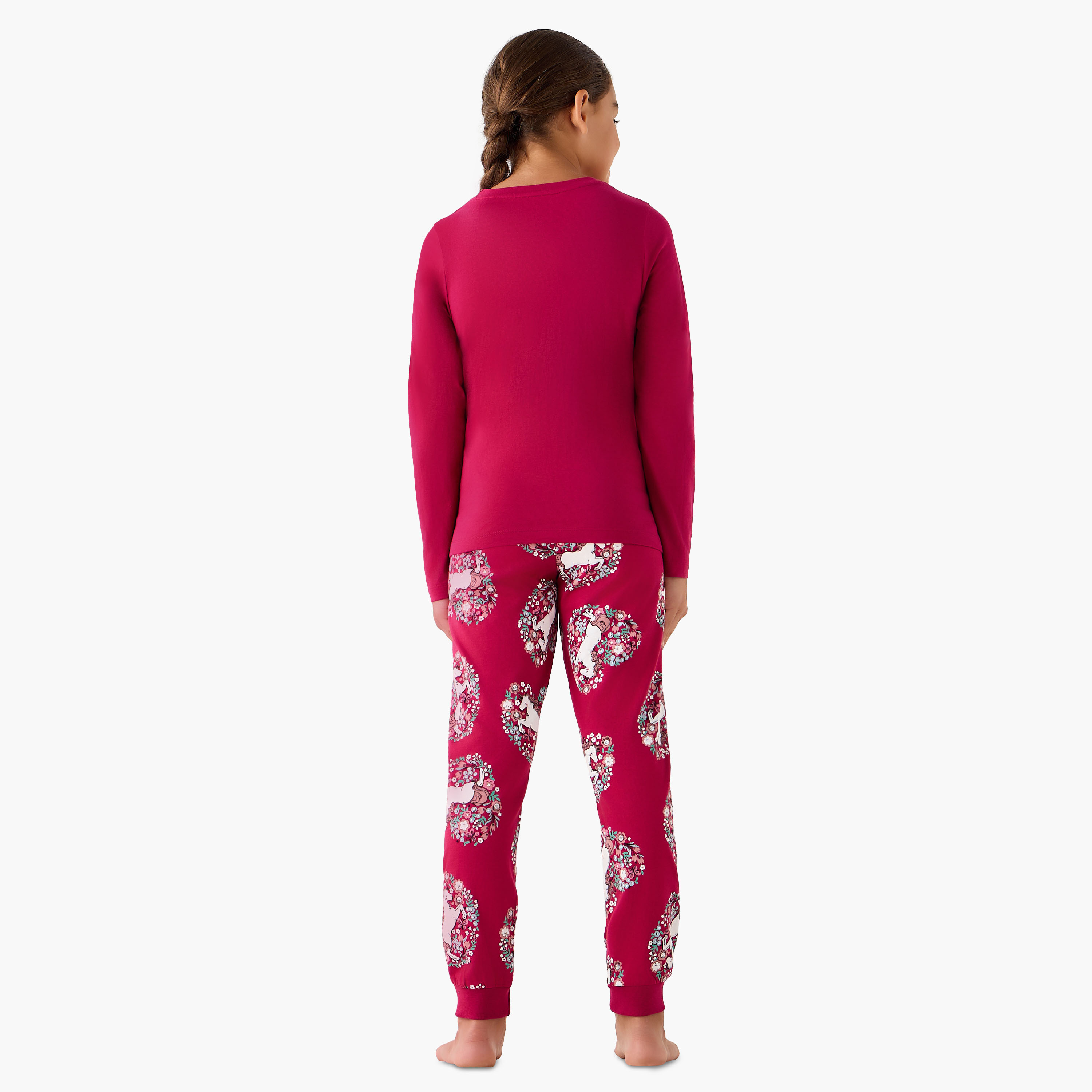 Juniors Cotton Crew Neck Long Sleeve Pyjama Set with Unicorn Print-girls-clothing-nightwear-image-4