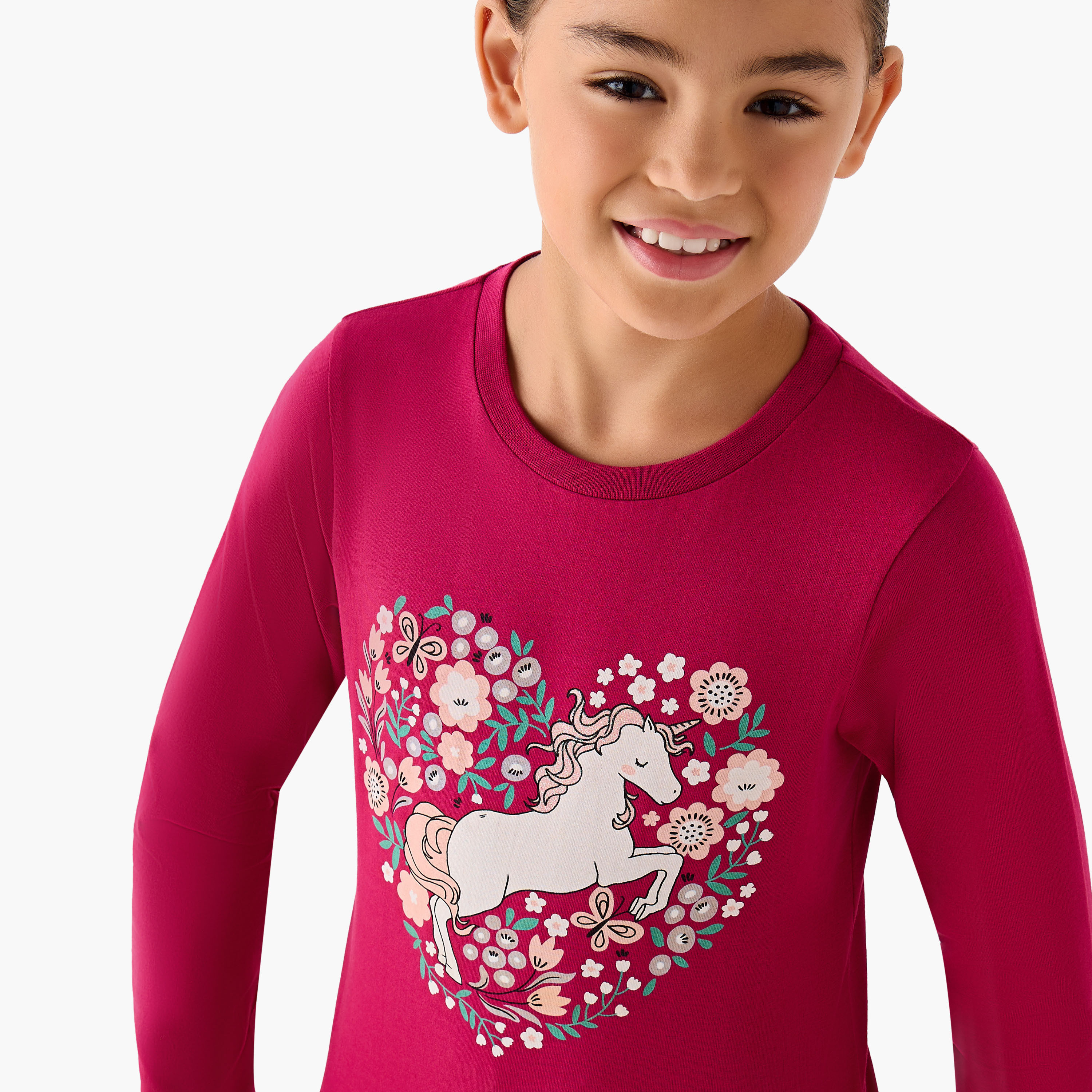 Juniors Cotton Crew Neck Long Sleeve Pyjama Set with Unicorn Print-girls-clothing-nightwear-image-5