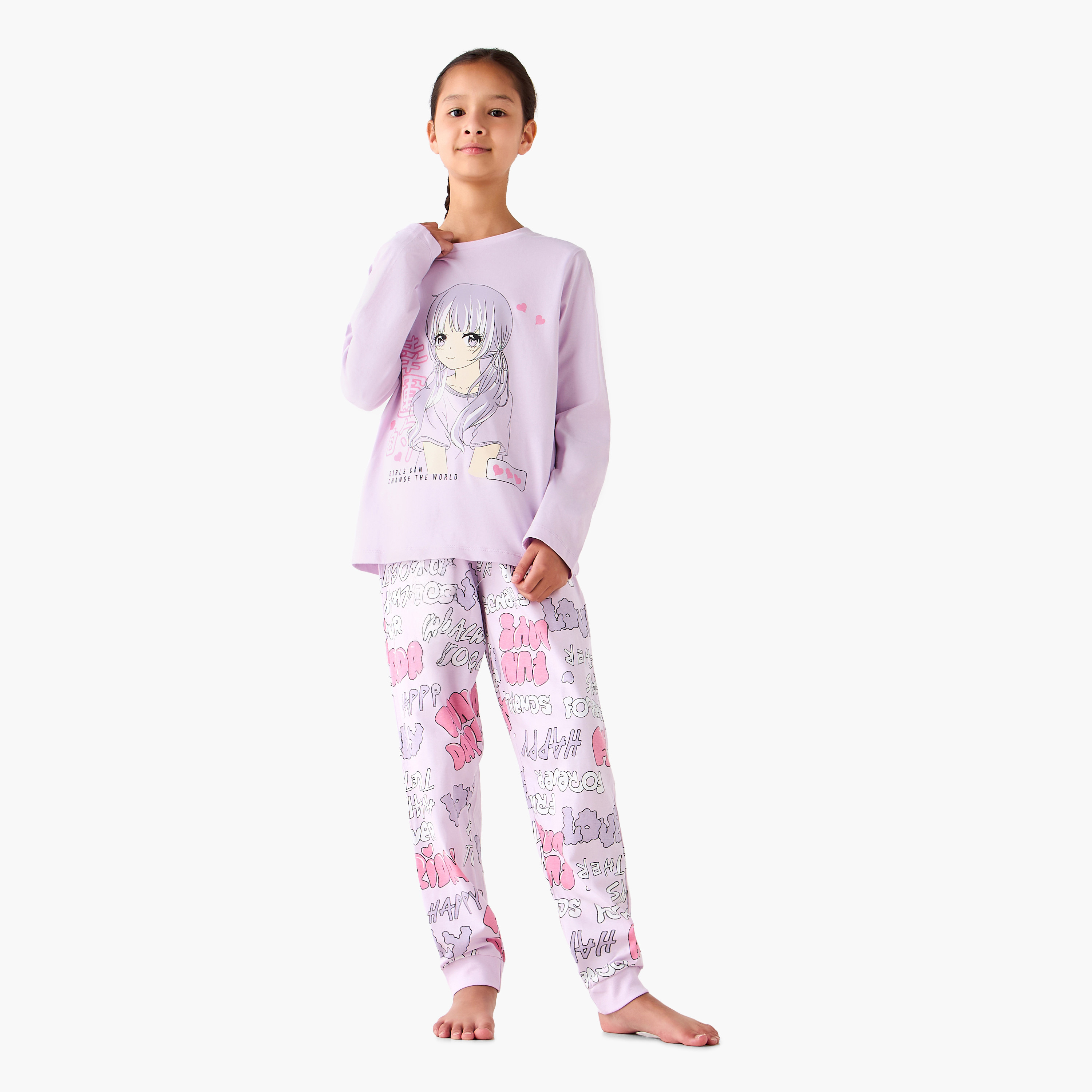 Juniors Cotton Crew Neck Long Sleeves Pyjama Set with Anime Print-girls-clothing-winterwear-pyjamasets-image-1