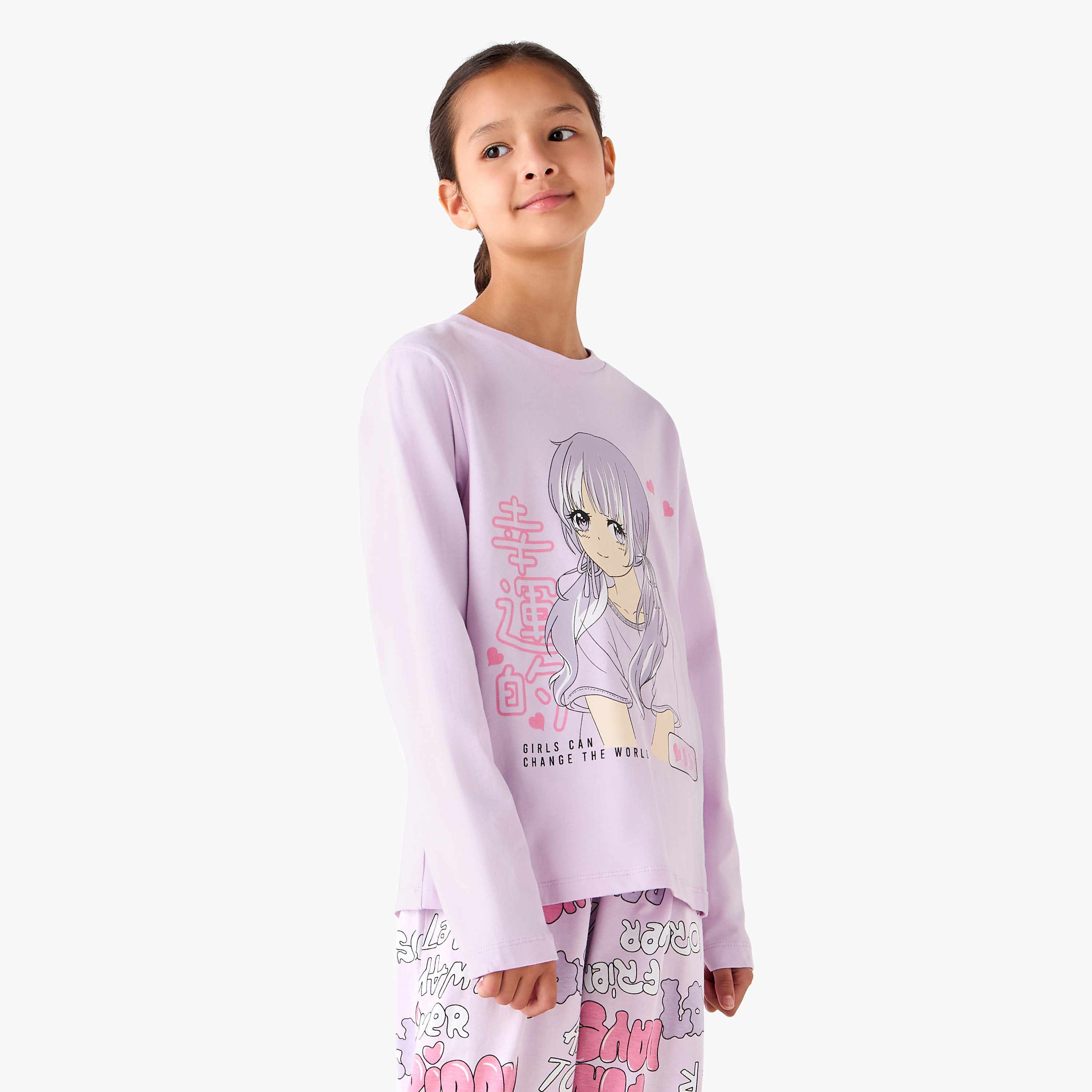 Juniors Cotton Crew Neck Long Sleeves Pyjama Set with Anime Print-girls-clothing-winterwear-pyjamasets-image-2