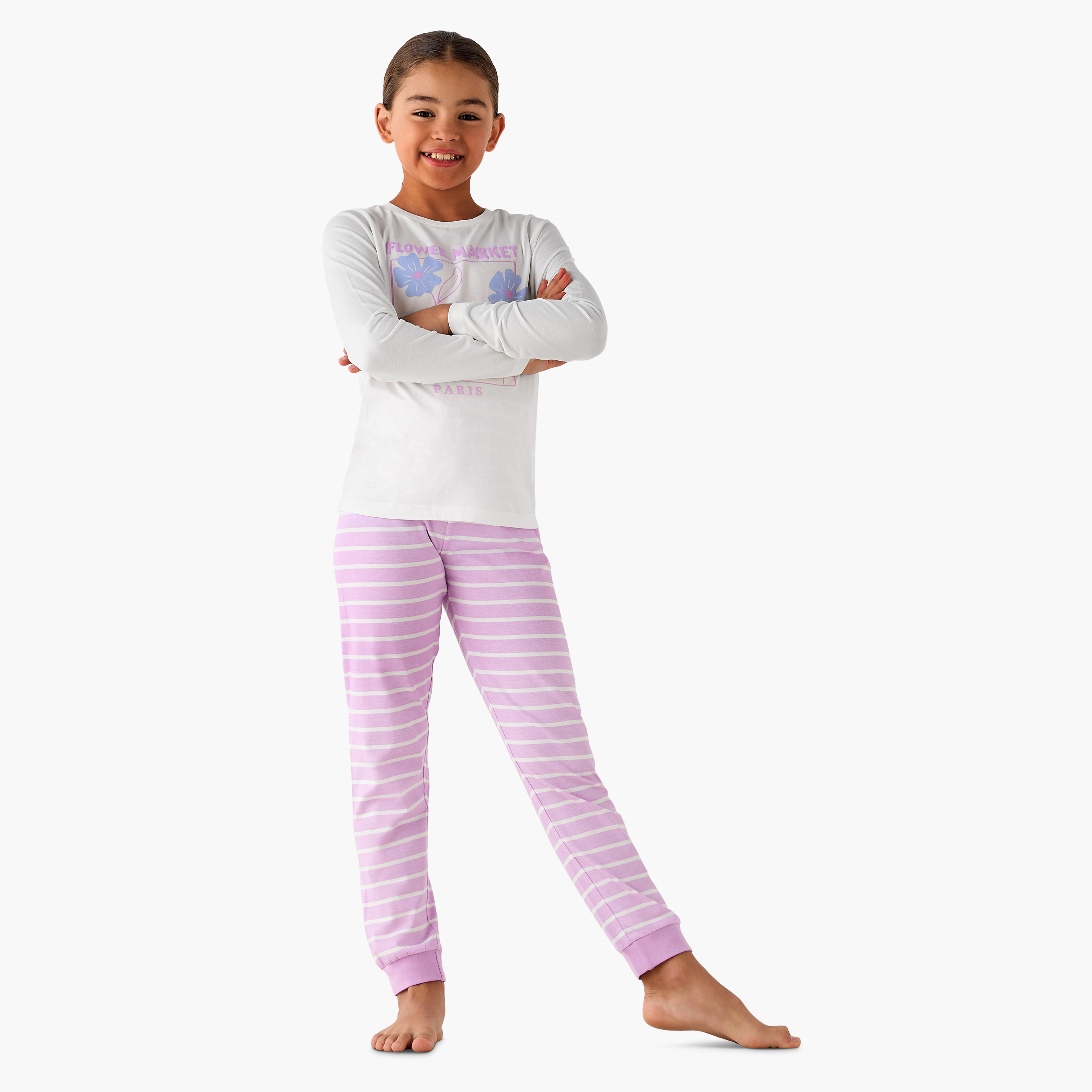 Juniors Cotton Crew Neck Long Sleeve Pyjama Set with Floral Print-girls-clothing-nightwear-image-1
