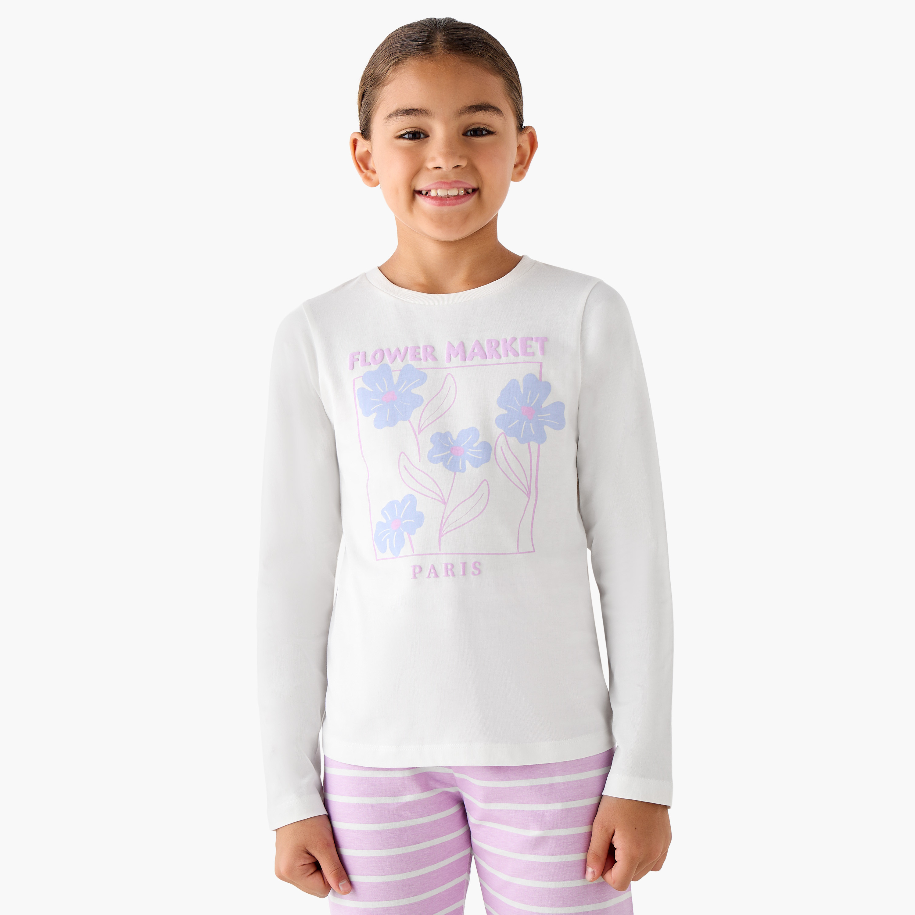 Juniors Cotton Crew Neck Long Sleeve Pyjama Set with Floral Print-girls-clothing-nightwear-image-2
