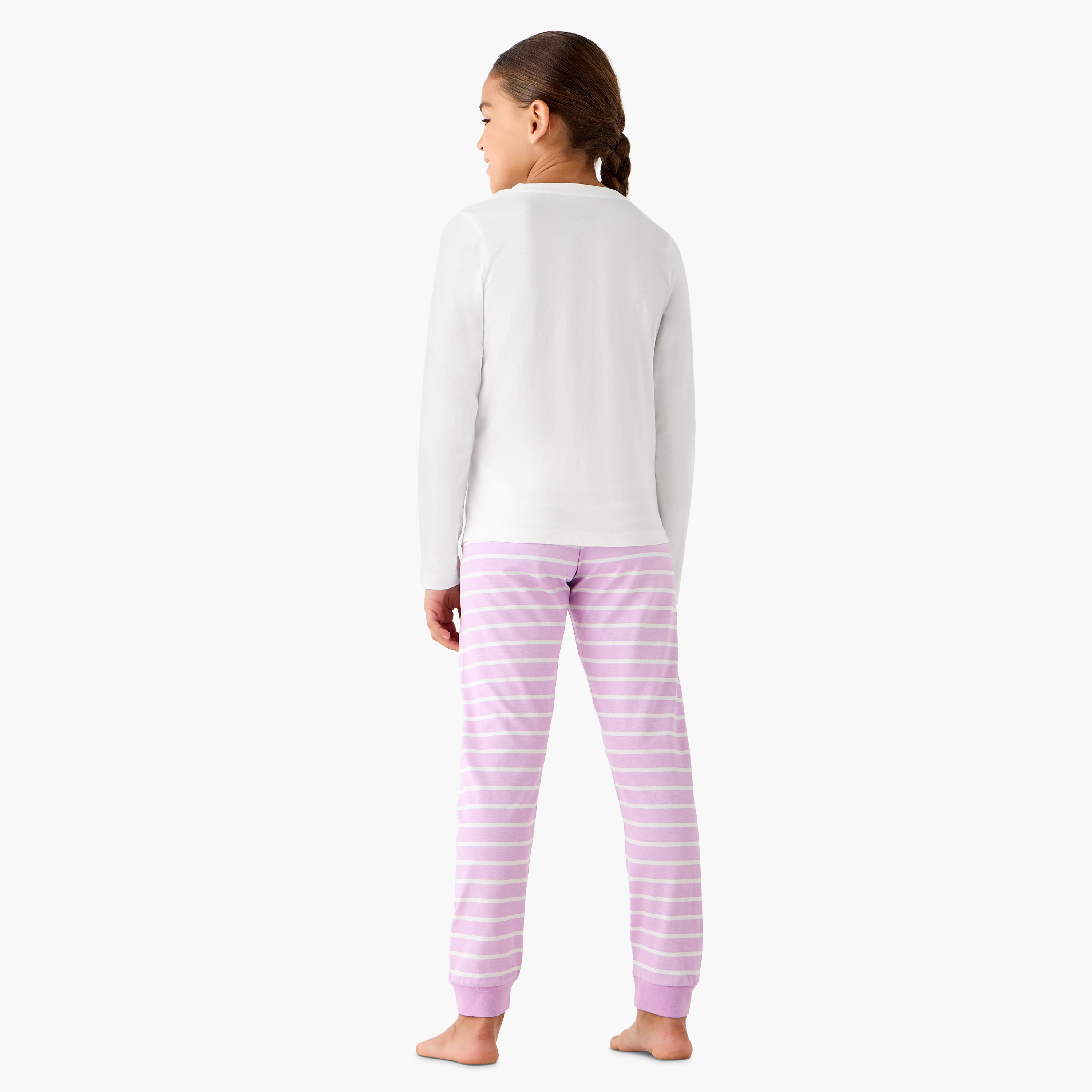 Juniors Cotton Crew Neck Long Sleeve Pyjama Set with Floral Print-girls-clothing-nightwear-image-3