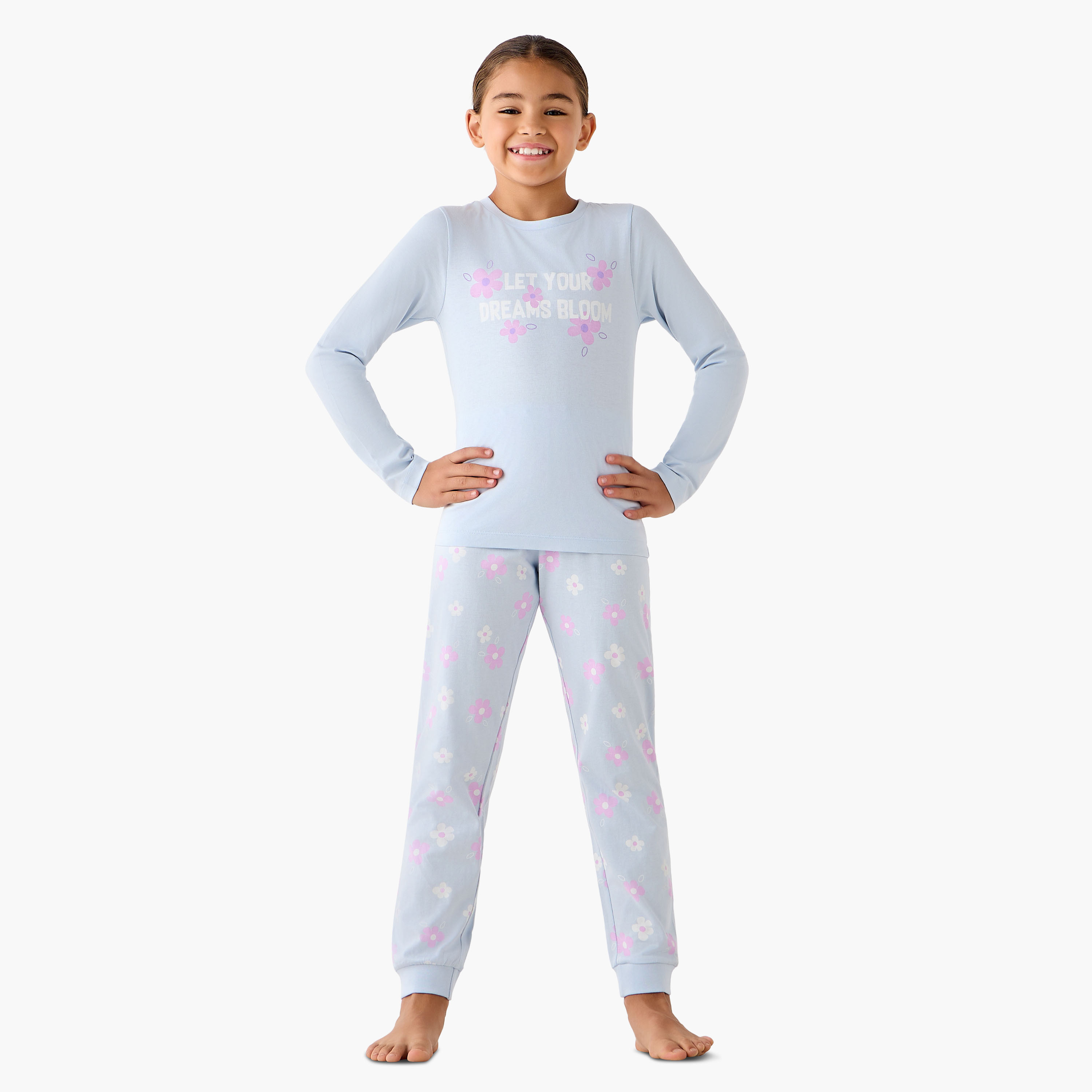 Juniors Cotton Crew Neck Long Sleeve Pyjama Set with Floral Print-girls-clothing-nightwear-image-1
