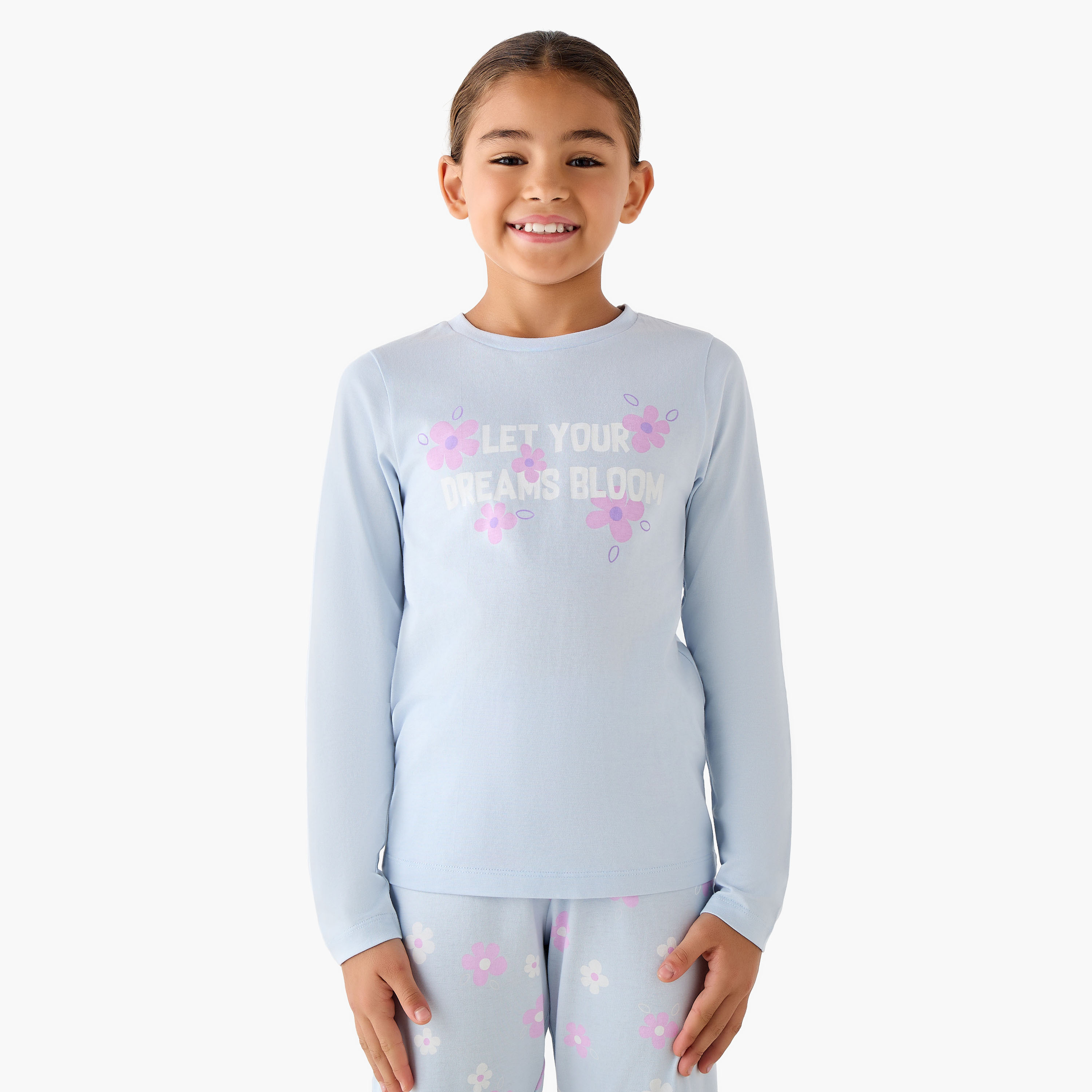 Juniors Cotton Crew Neck Long Sleeve Pyjama Set with Floral Print-girls-clothing-nightwear-image-2