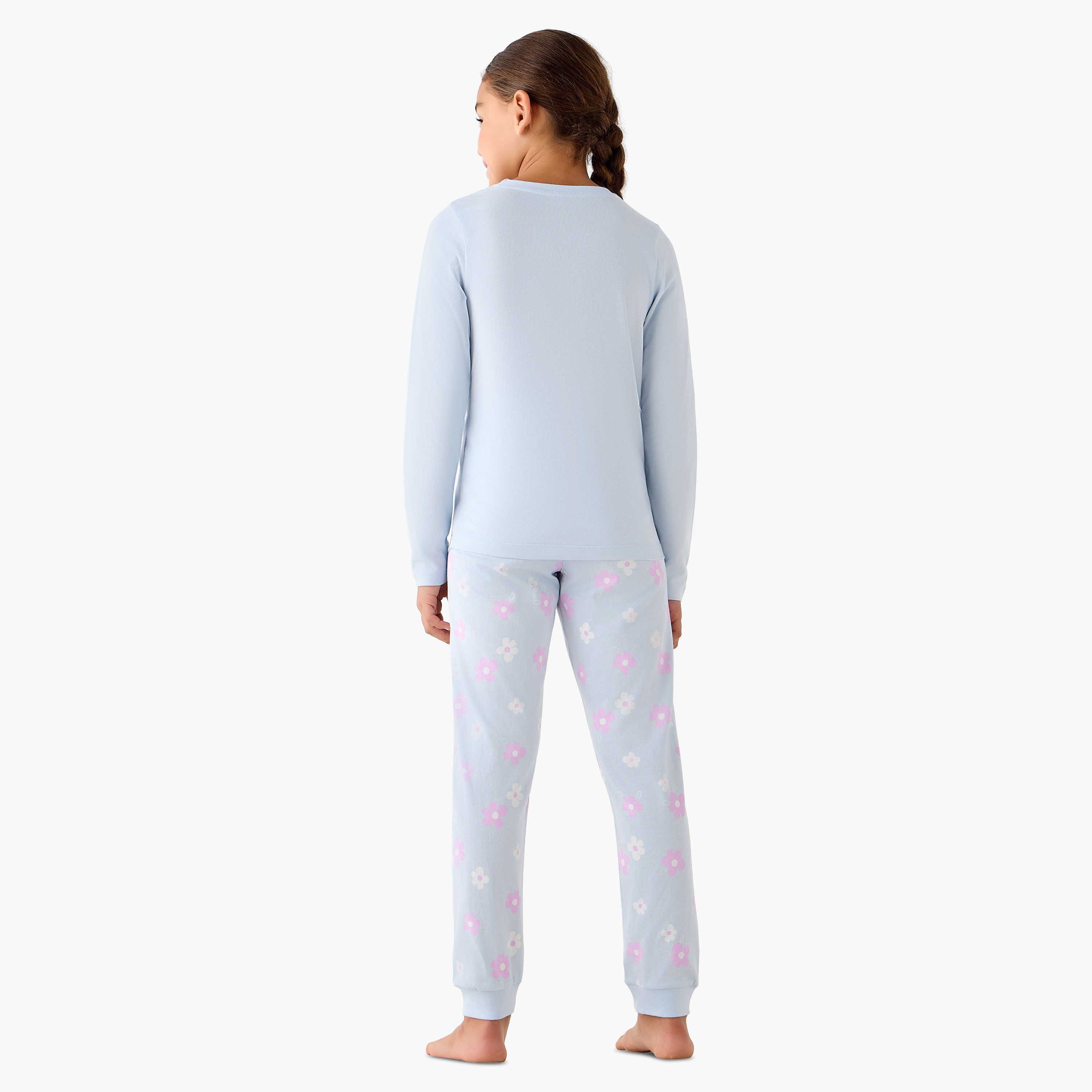Juniors Cotton Crew Neck Long Sleeve Pyjama Set with Floral Print-girls-clothing-nightwear-image-3