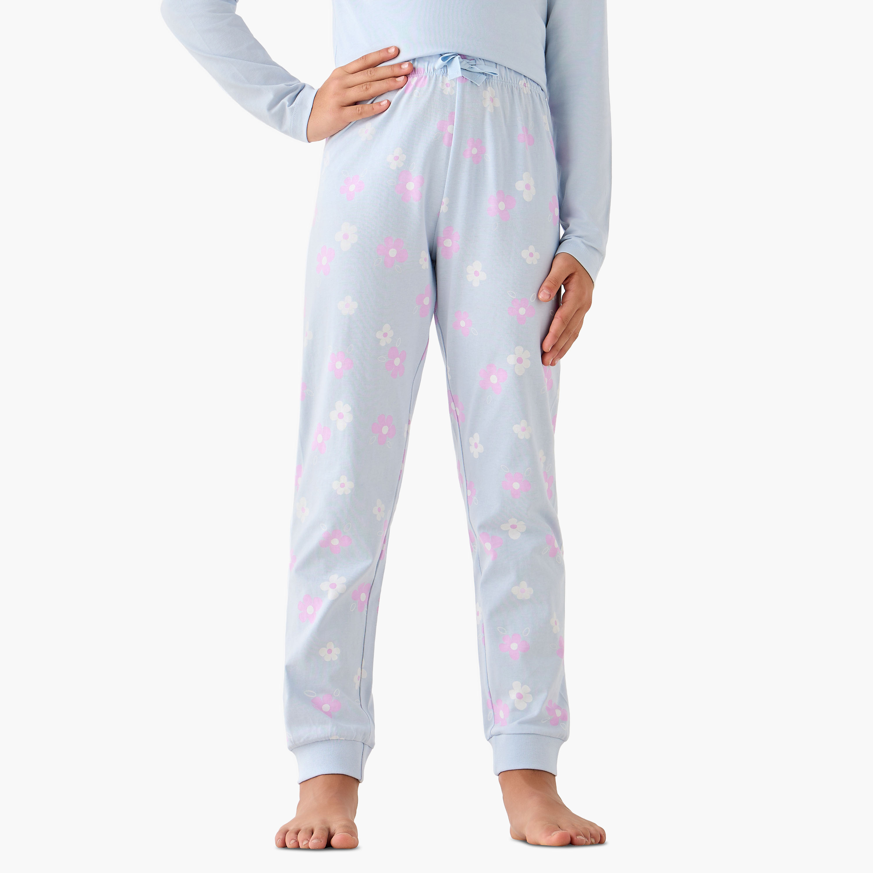 Juniors Cotton Crew Neck Long Sleeve Pyjama Set with Floral Print-girls-clothing-nightwear-image-4