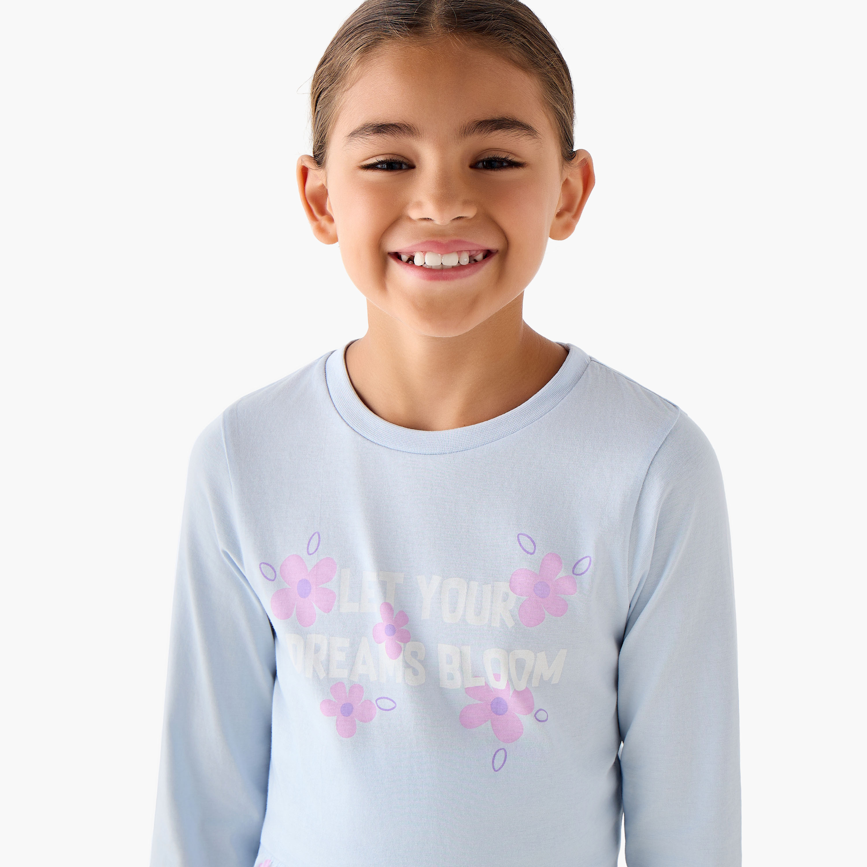 Juniors Cotton Crew Neck Long Sleeve Pyjama Set with Floral Print-girls-clothing-nightwear-image-5