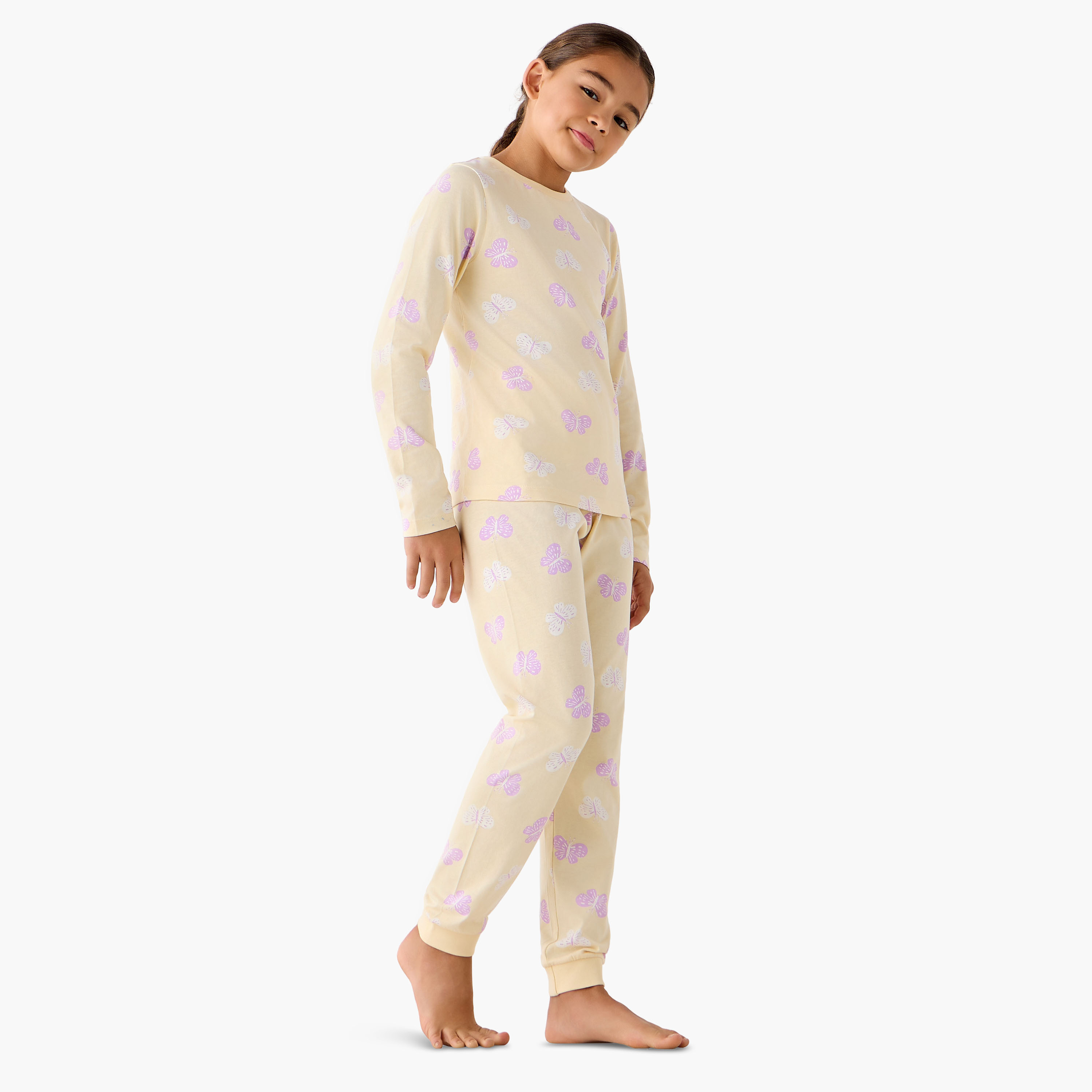 Juniors Cotton Crew Neck Long Sleeves Pyjama Set with Butterfly Print-girls-clothing-nightwear-image-1