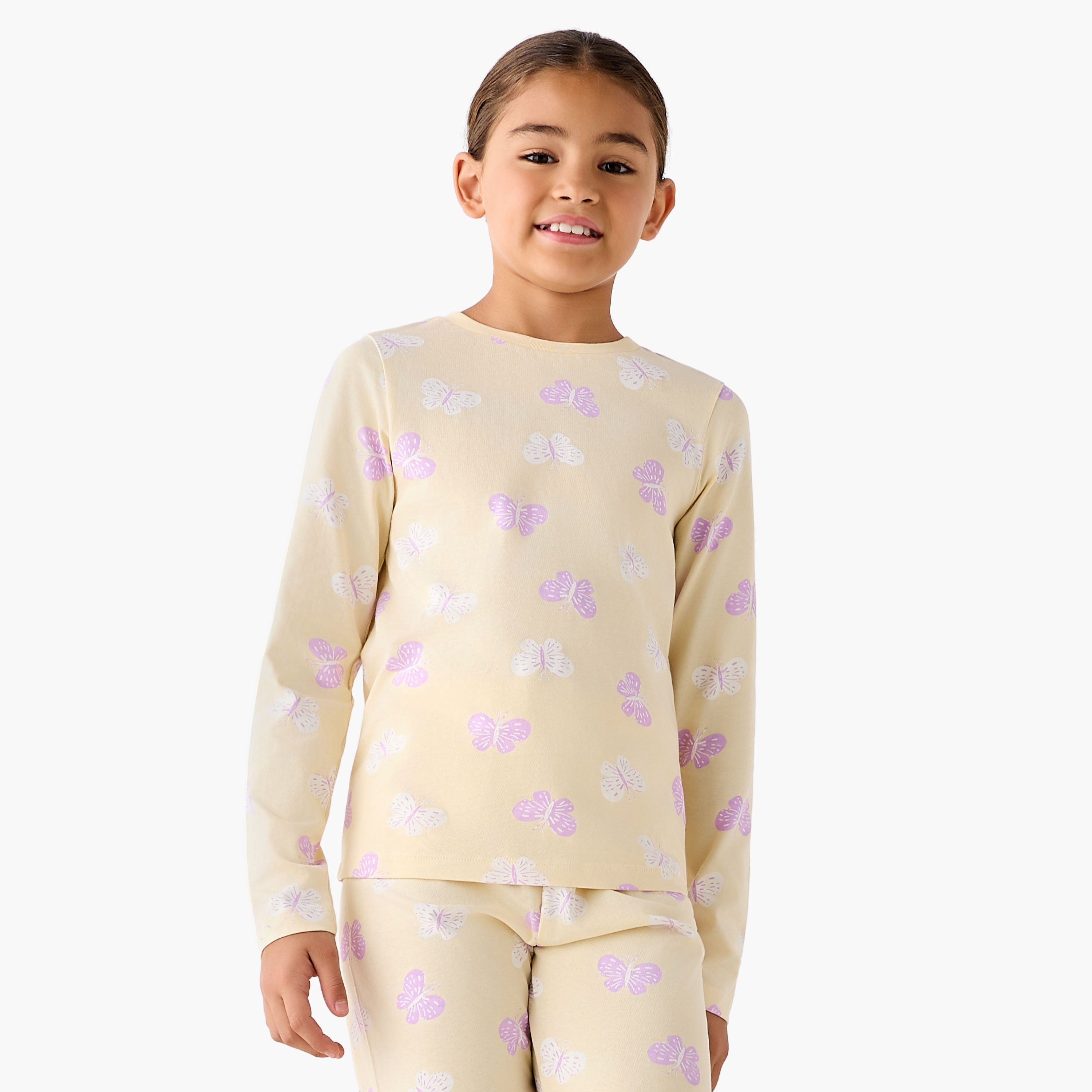 Juniors Cotton Crew Neck Long Sleeves Pyjama Set with Butterfly Print-girls-clothing-nightwear-image-2