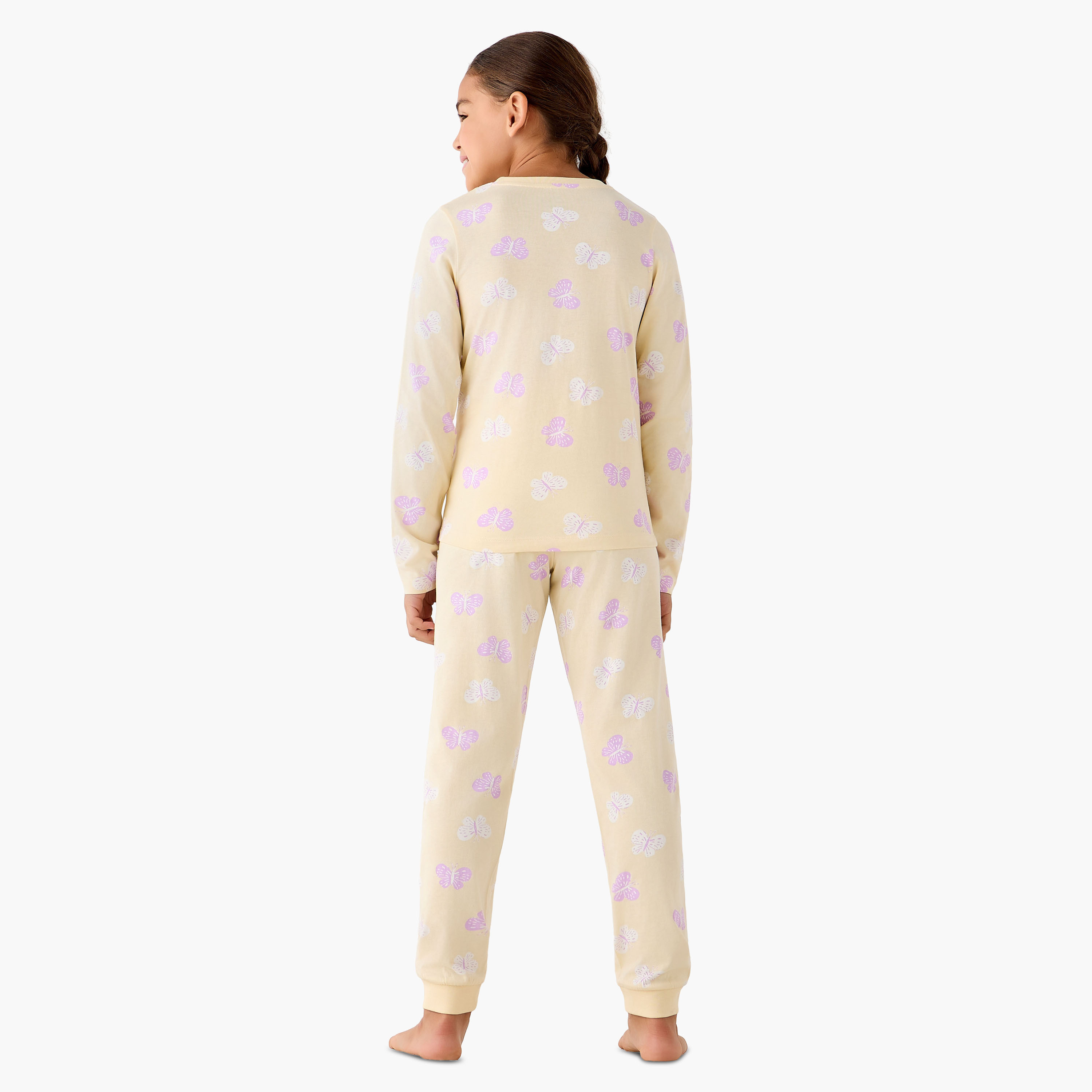 Juniors Cotton Crew Neck Long Sleeves Pyjama Set with Butterfly Print-girls-clothing-nightwear-image-3