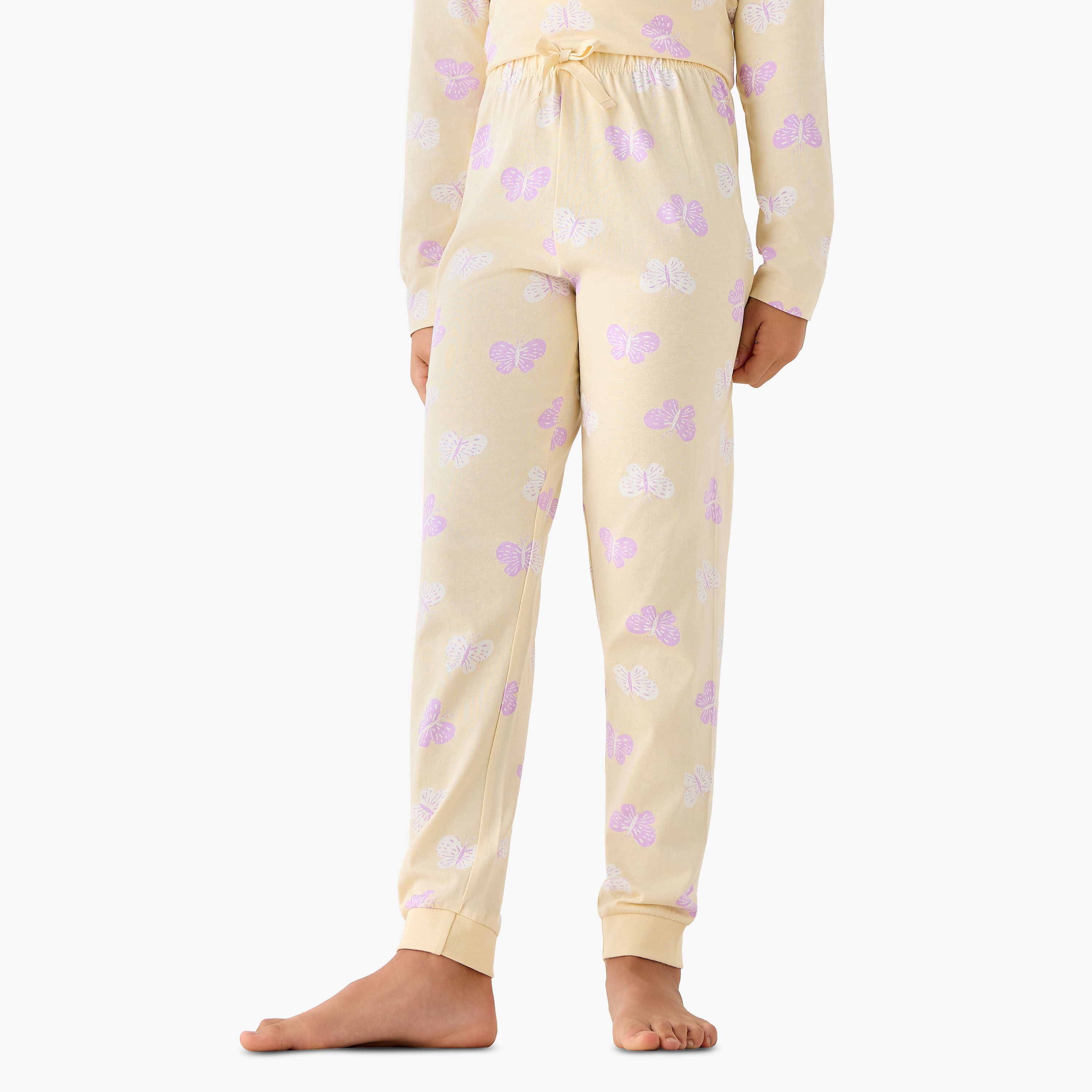 Juniors Cotton Crew Neck Long Sleeves Pyjama Set with Butterfly Print-girls-clothing-nightwear-image-4