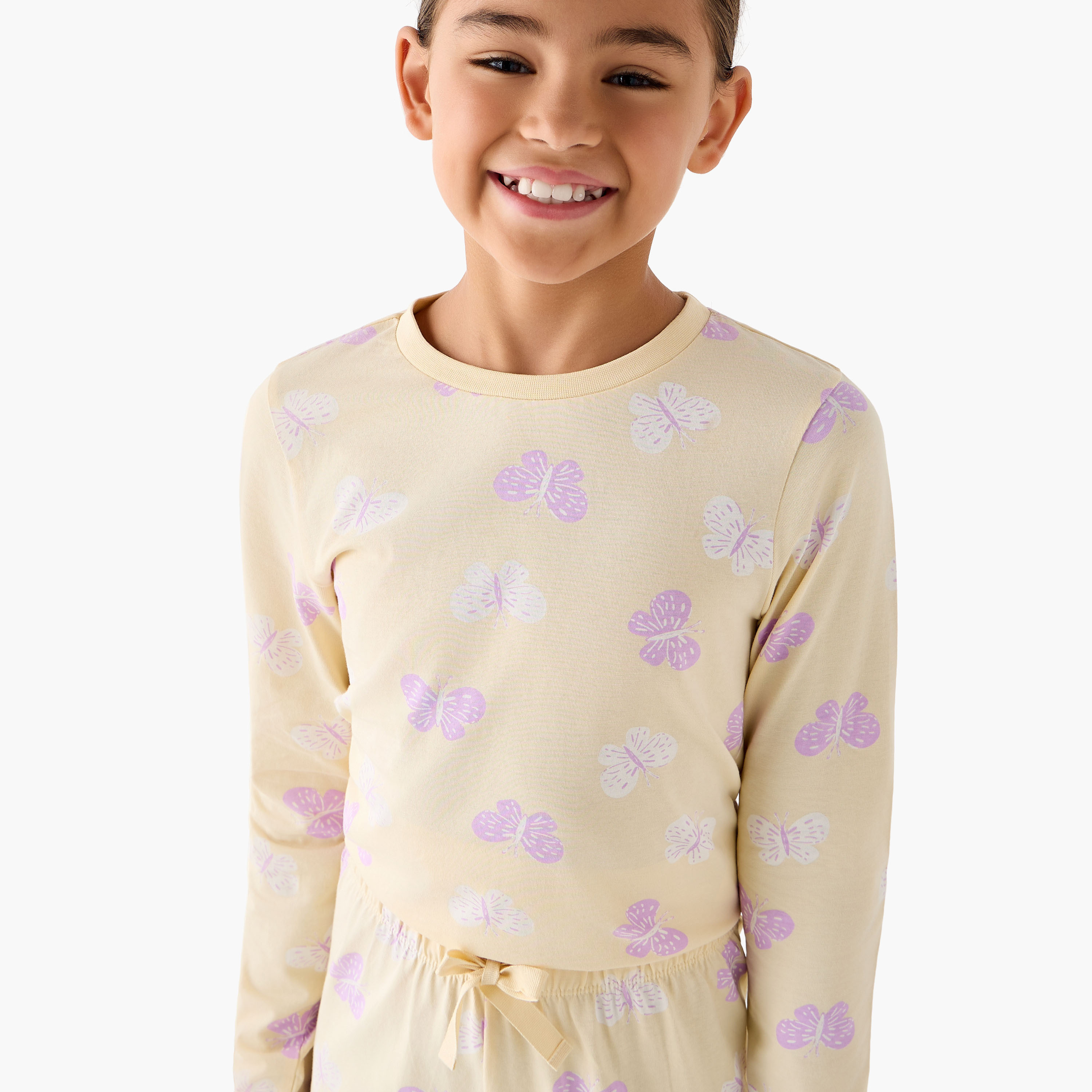Juniors Cotton Crew Neck Long Sleeves Pyjama Set with Butterfly Print-girls-clothing-nightwear-image-5