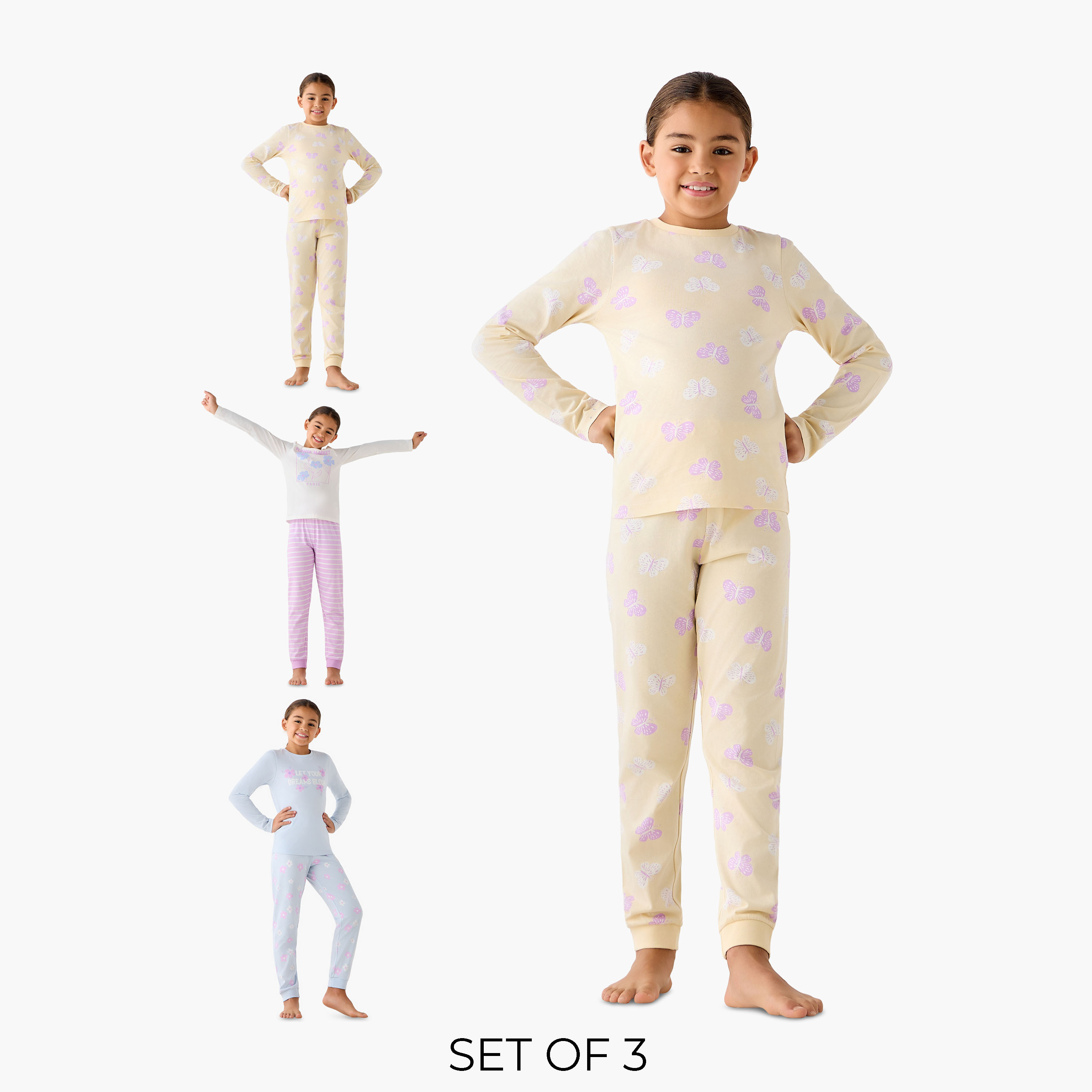 Juniors Cotton Crew Neck Long Sleeve Pyjama Set with Graphic Print, Set of 3-girls-clothing-nightwear-image-1