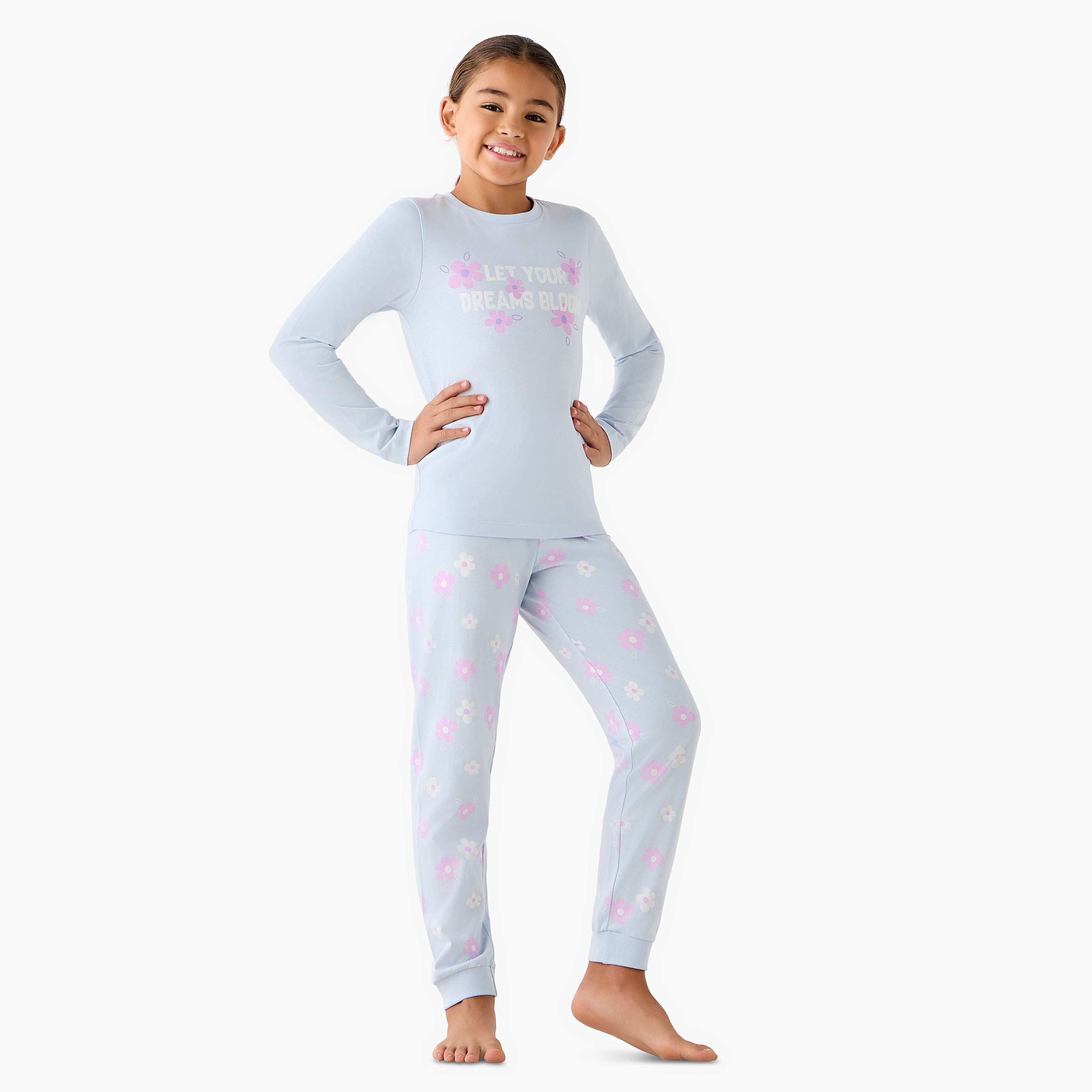 Juniors Cotton Crew Neck Long Sleeve Pyjama Set with Graphic Print, Set of 3-girls-clothing-nightwear-image-2