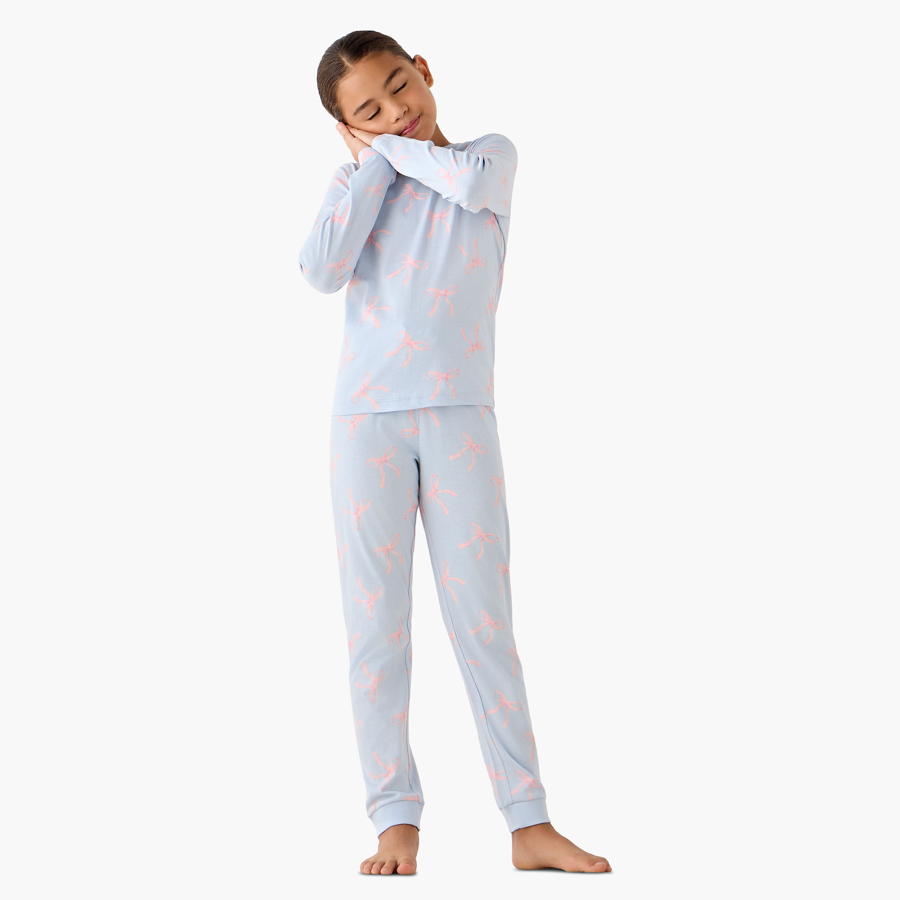 Juniors Cotton Crew Neck Long Sleeves Pyjama Set with Bow Print-girls-clothing-nightwear-image-1