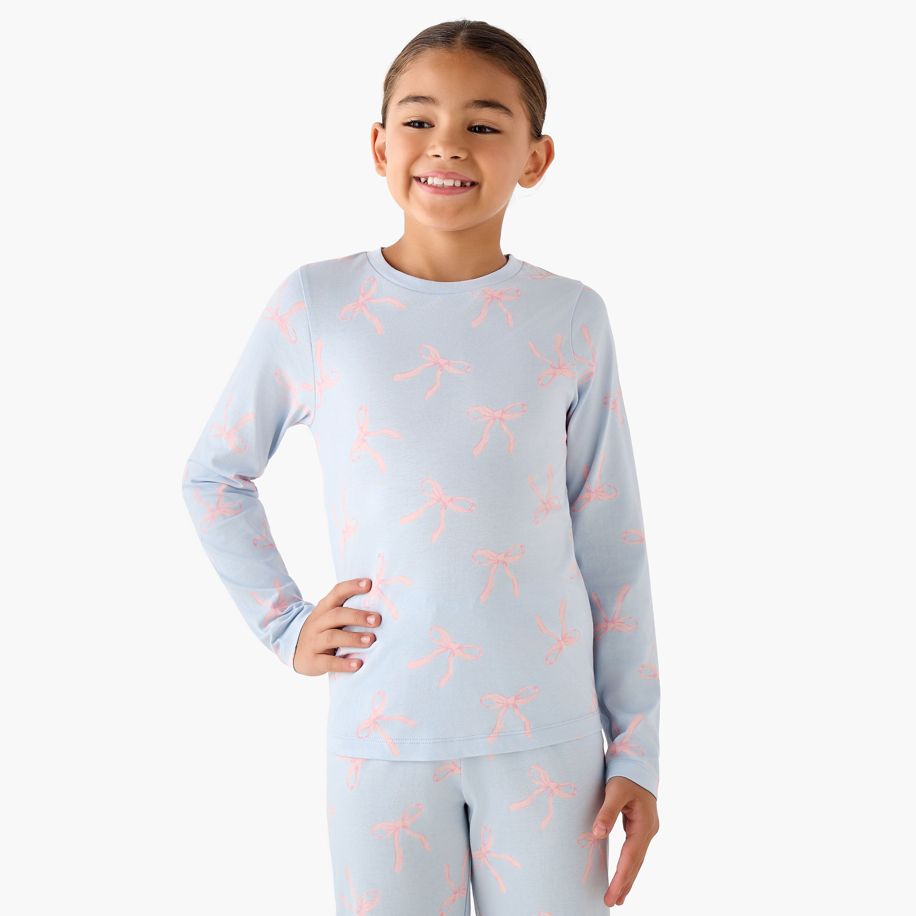 Juniors Cotton Crew Neck Long Sleeves Pyjama Set with Bow Print-girls-clothing-nightwear-image-2