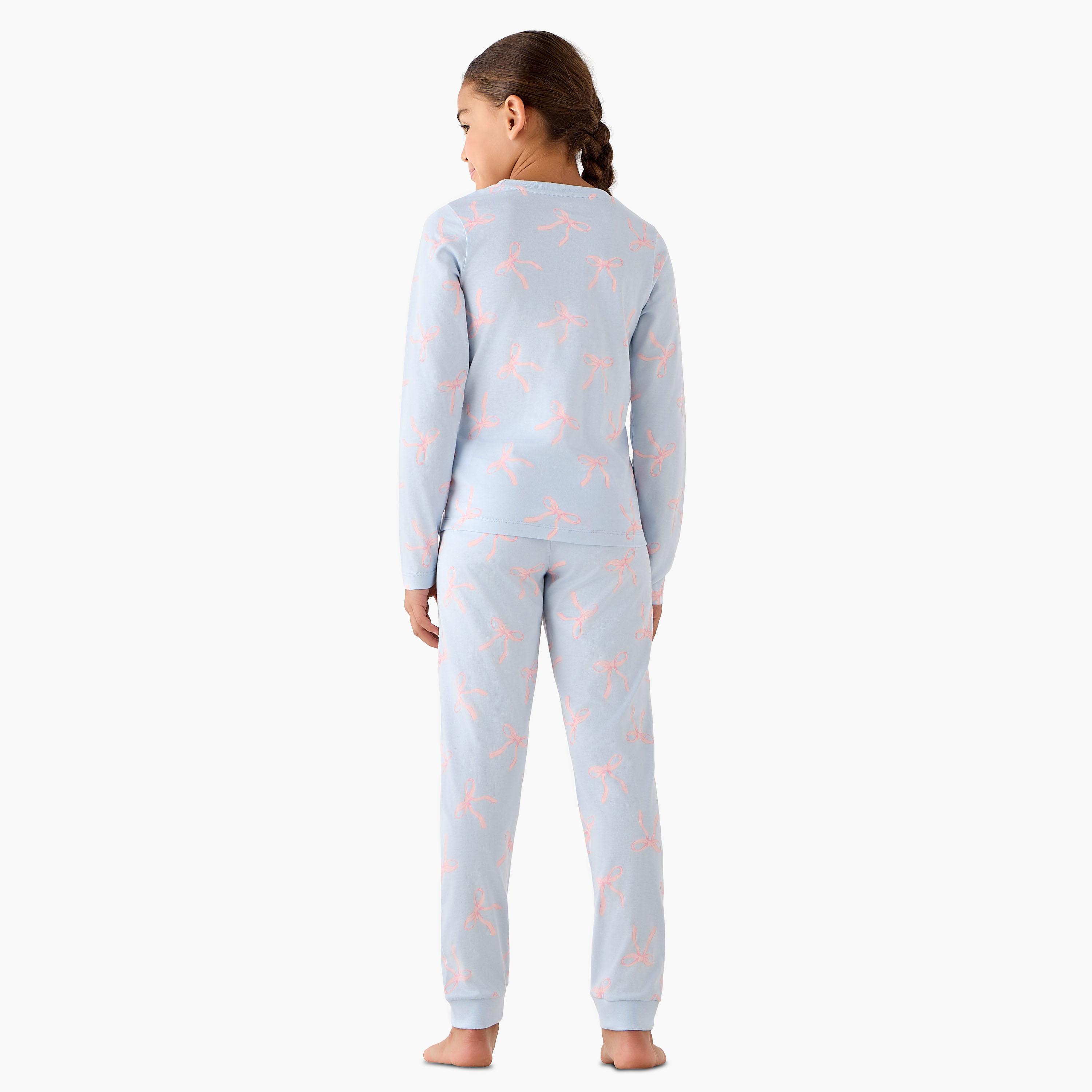 Juniors Cotton Crew Neck Long Sleeves Pyjama Set with Bow Print-girls-clothing-nightwear-image-3