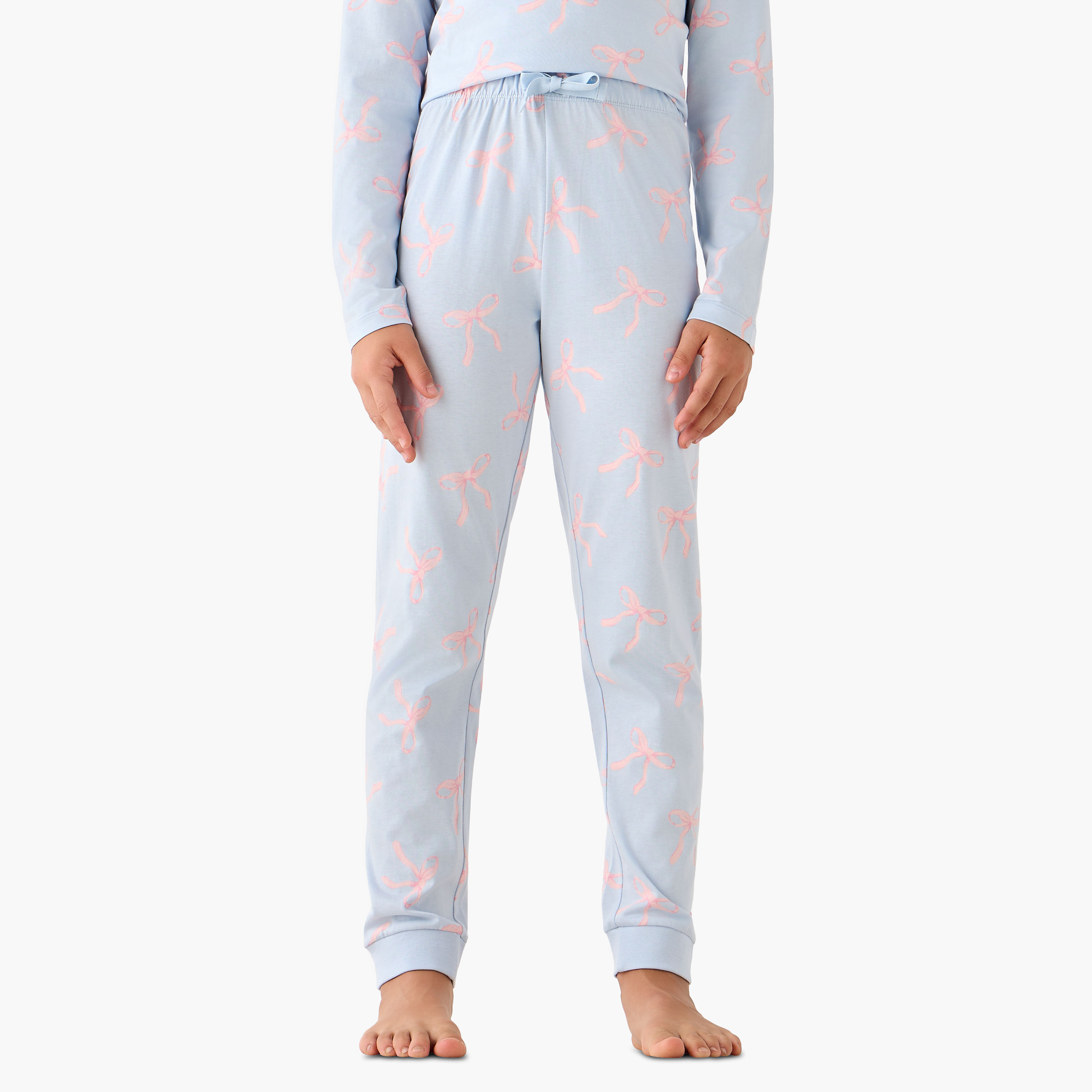 Juniors Cotton Crew Neck Long Sleeves Pyjama Set with Bow Print-girls-clothing-nightwear-image-4