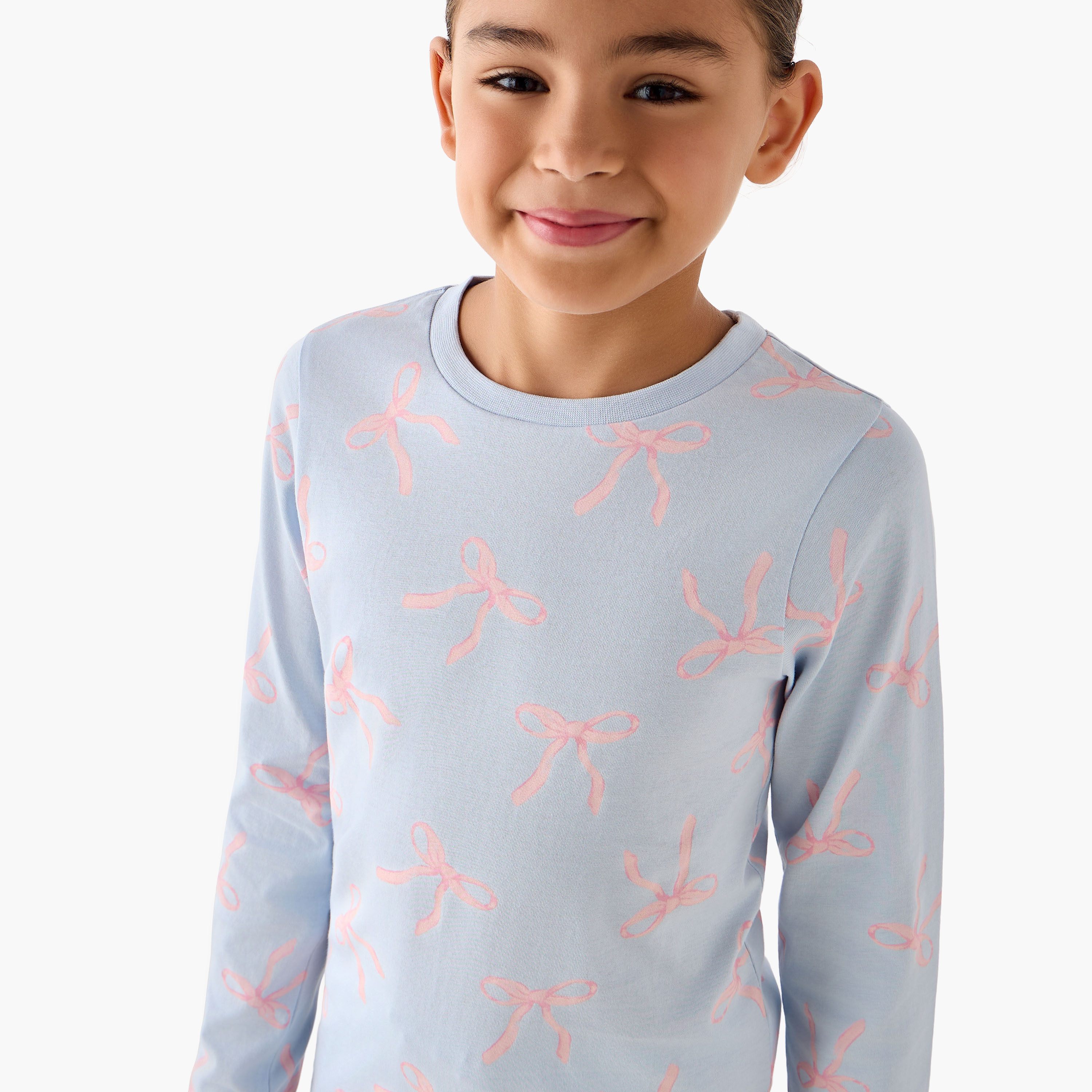 Juniors Cotton Crew Neck Long Sleeves Pyjama Set with Bow Print-girls-clothing-nightwear-image-5