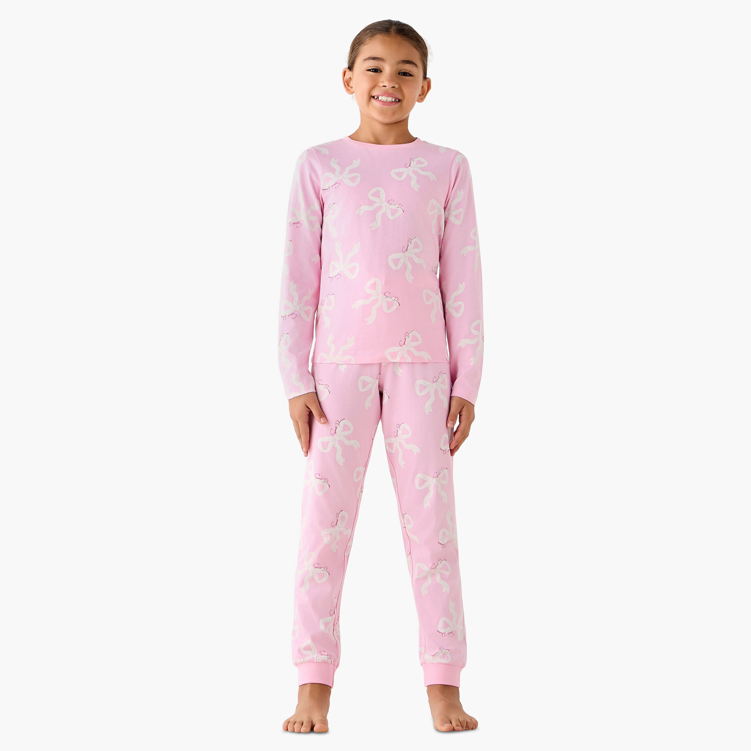 Juniors Cotton Crew Neck Long Sleeves Pyjama Set with Bow Print-girls-clothing-nightwear-image-1