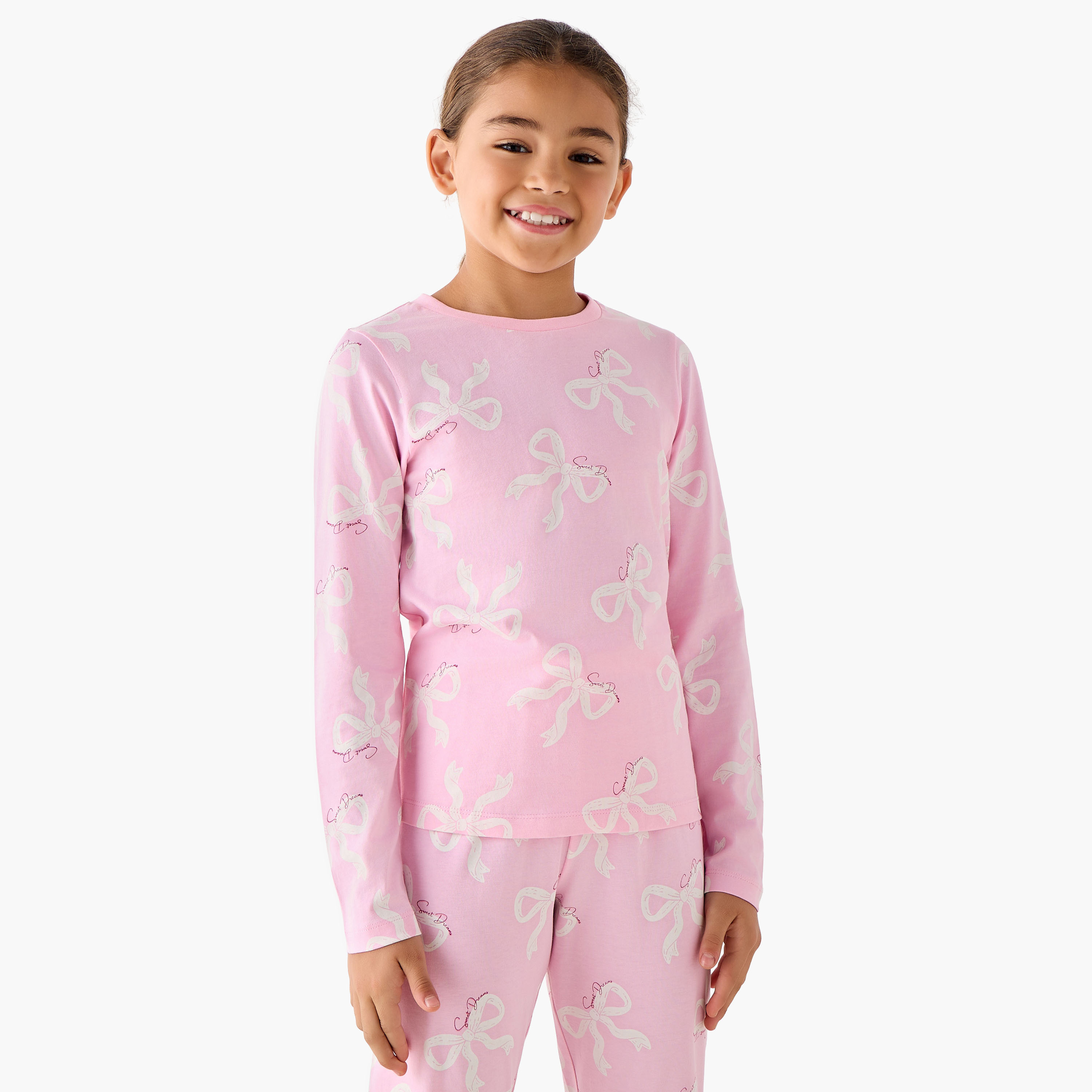 Juniors Cotton Crew Neck Long Sleeves Pyjama Set with Bow Print-girls-clothing-nightwear-image-2