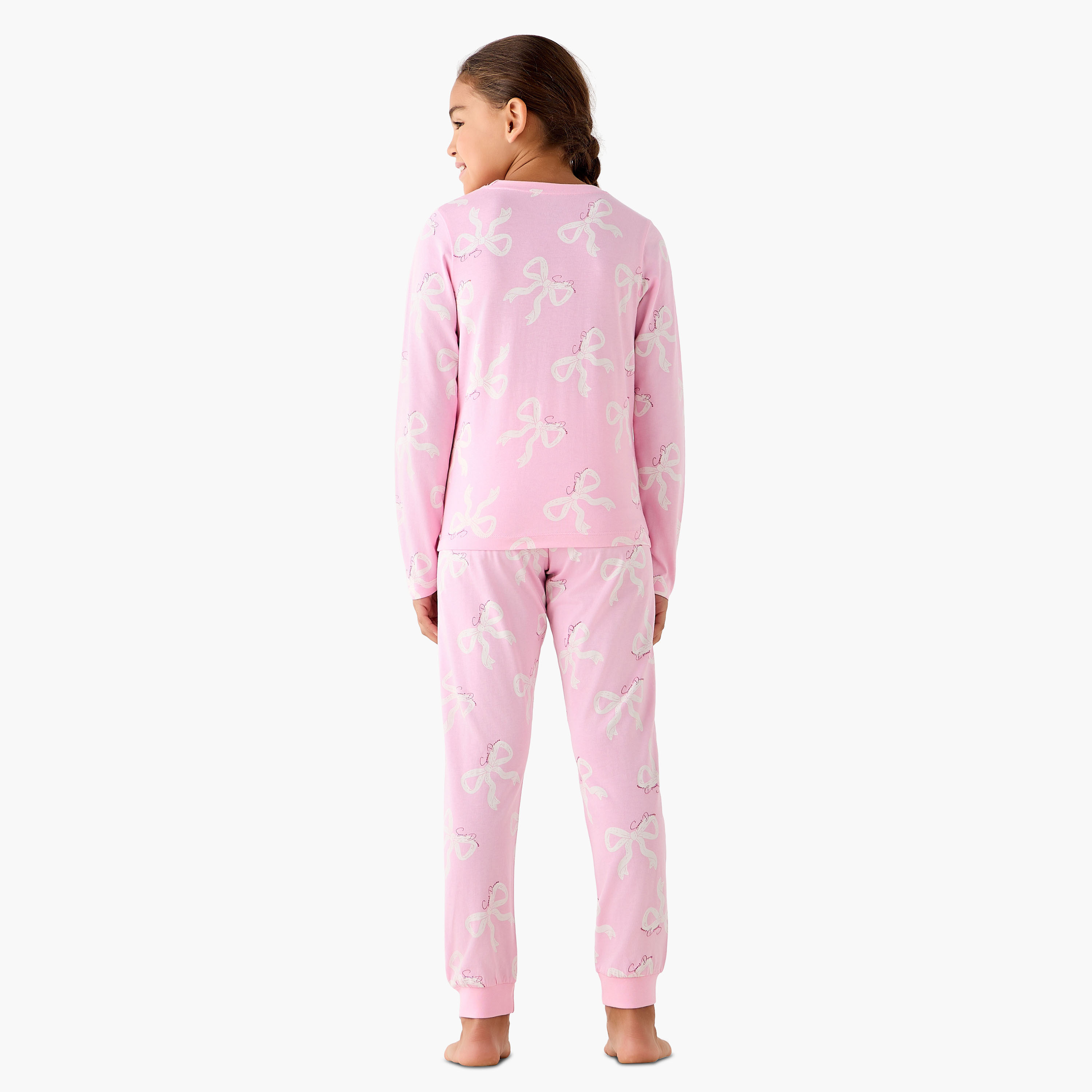Juniors Cotton Crew Neck Long Sleeves Pyjama Set with Bow Print-girls-clothing-nightwear-image-3