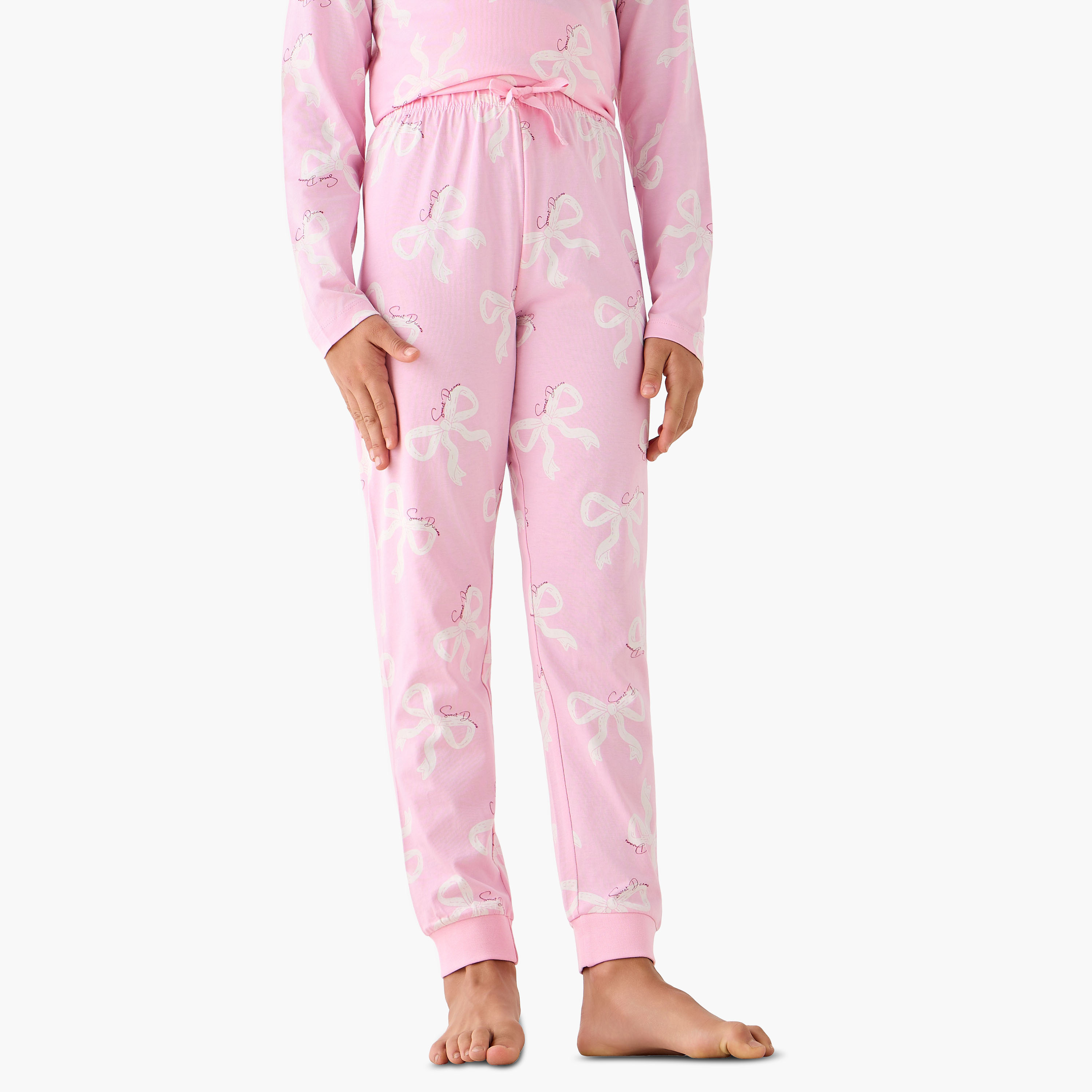 Juniors Cotton Crew Neck Long Sleeves Pyjama Set with Bow Print-girls-clothing-nightwear-image-4