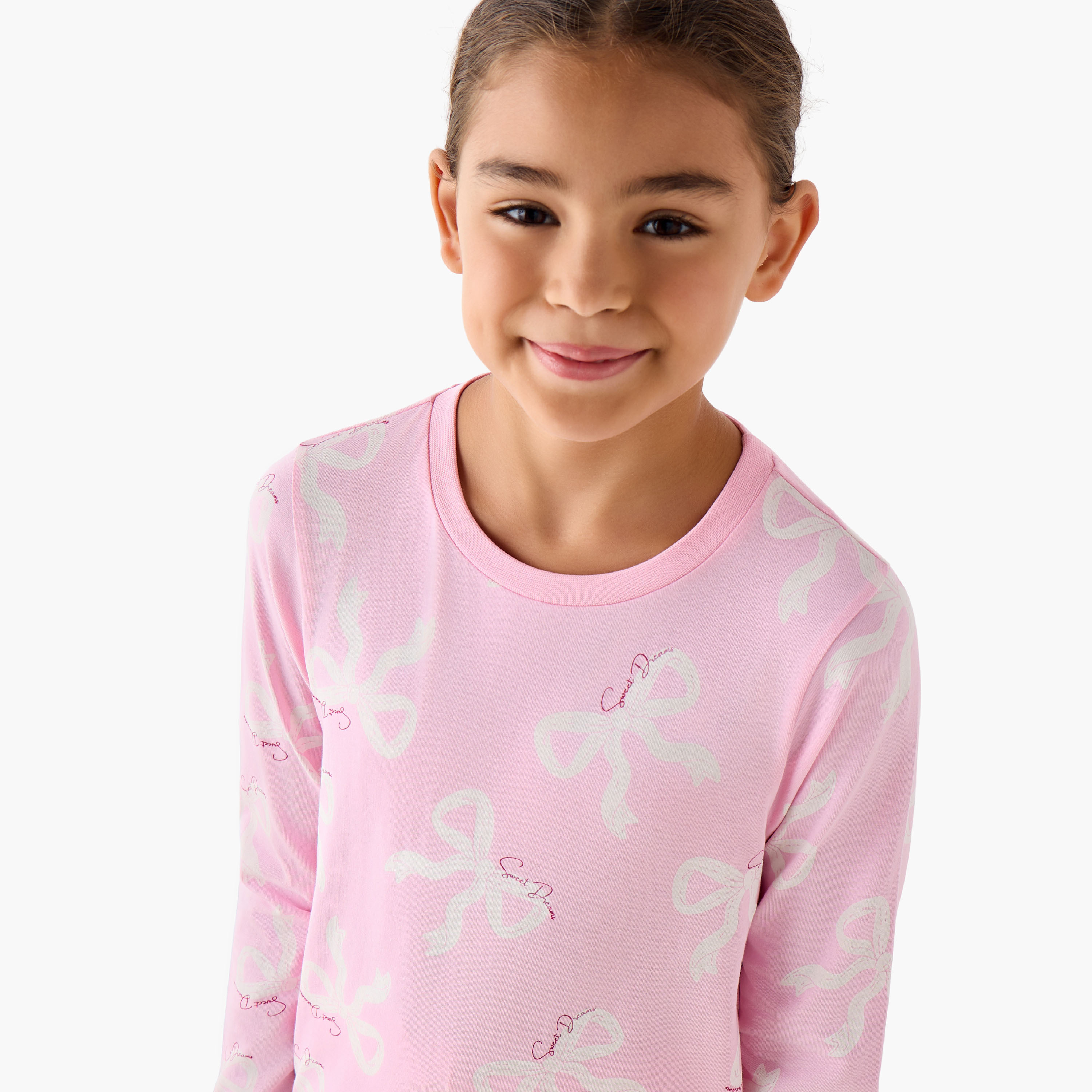 Juniors Cotton Crew Neck Long Sleeves Pyjama Set with Bow Print-girls-clothing-nightwear-image-5