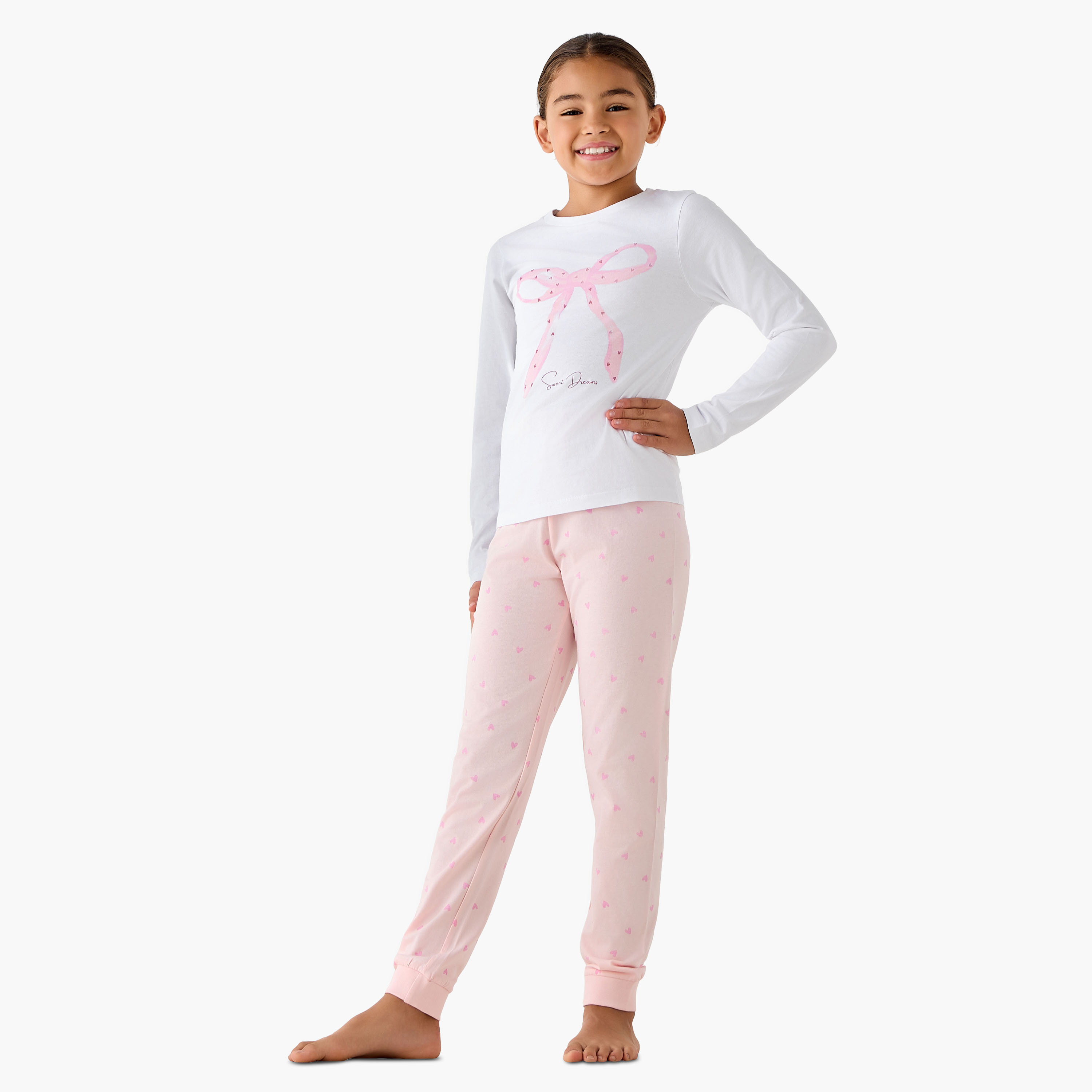 Juniors Cotton Crew Neck Long Sleeve Pyjama Set with Bow Print-girls-clothing-nightwear-image-1