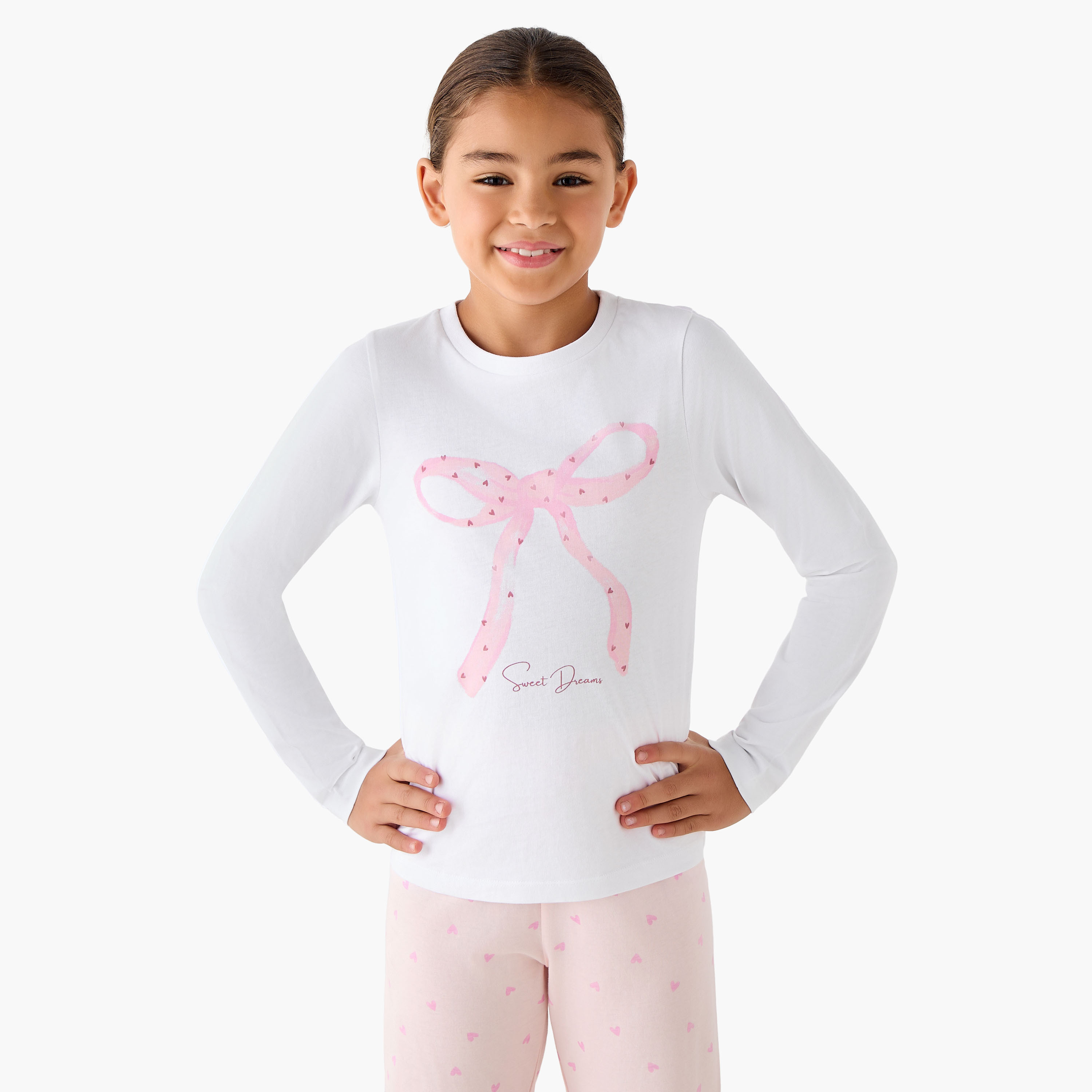 Juniors Cotton Crew Neck Long Sleeve Pyjama Set with Bow Print-girls-clothing-nightwear-image-2