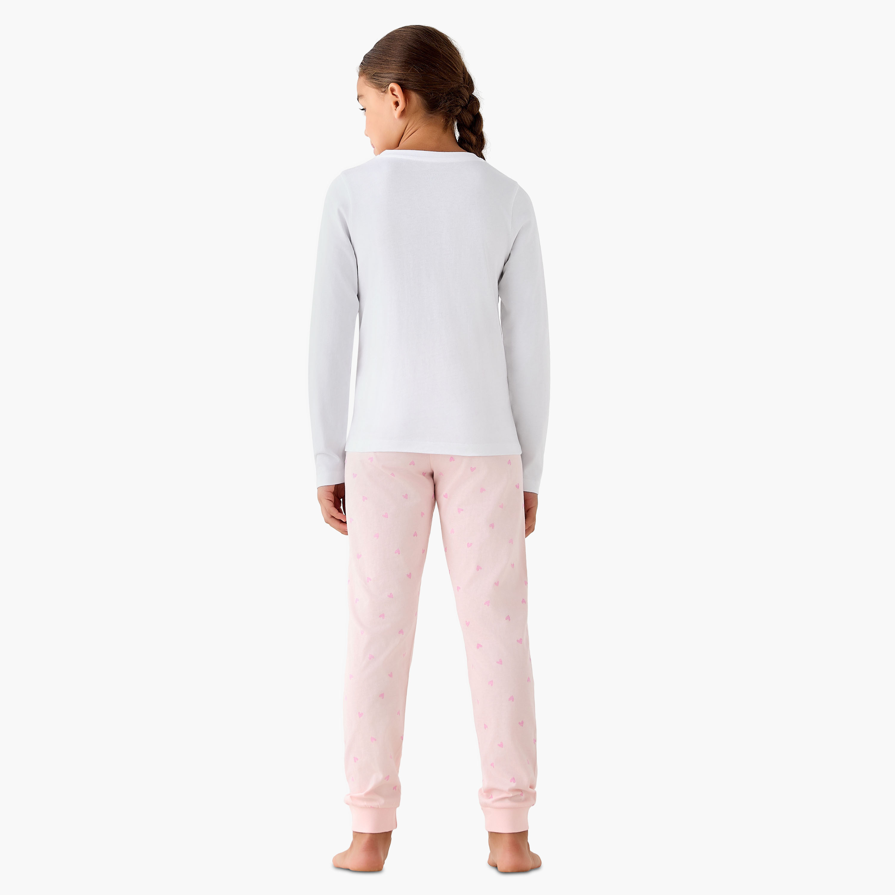 Juniors Cotton Crew Neck Long Sleeve Pyjama Set with Bow Print-girls-clothing-nightwear-image-3