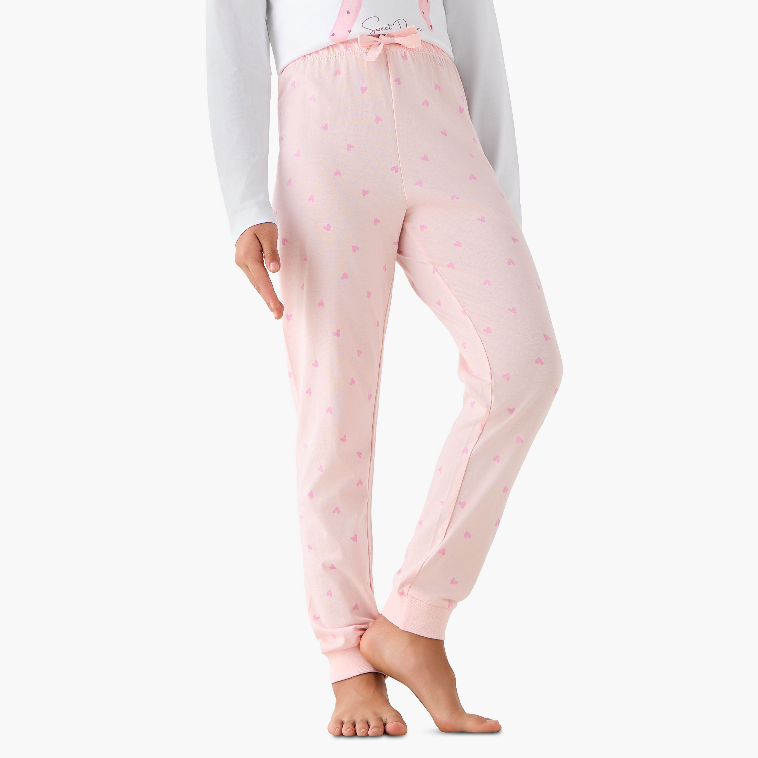 Juniors Cotton Crew Neck Long Sleeve Pyjama Set with Bow Print-girls-clothing-nightwear-image-4