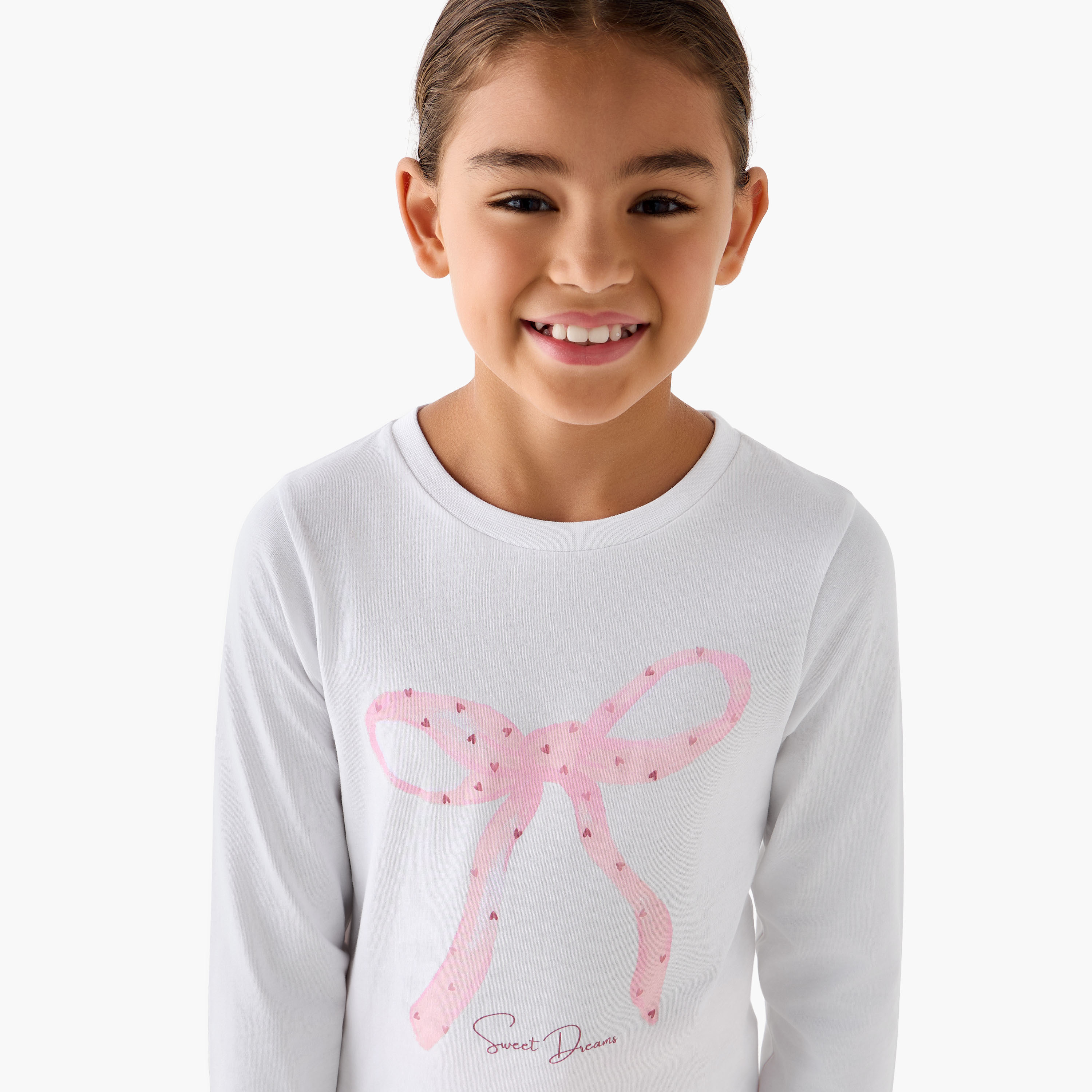 Juniors Cotton Crew Neck Long Sleeve Pyjama Set with Bow Print-girls-clothing-nightwear-image-5