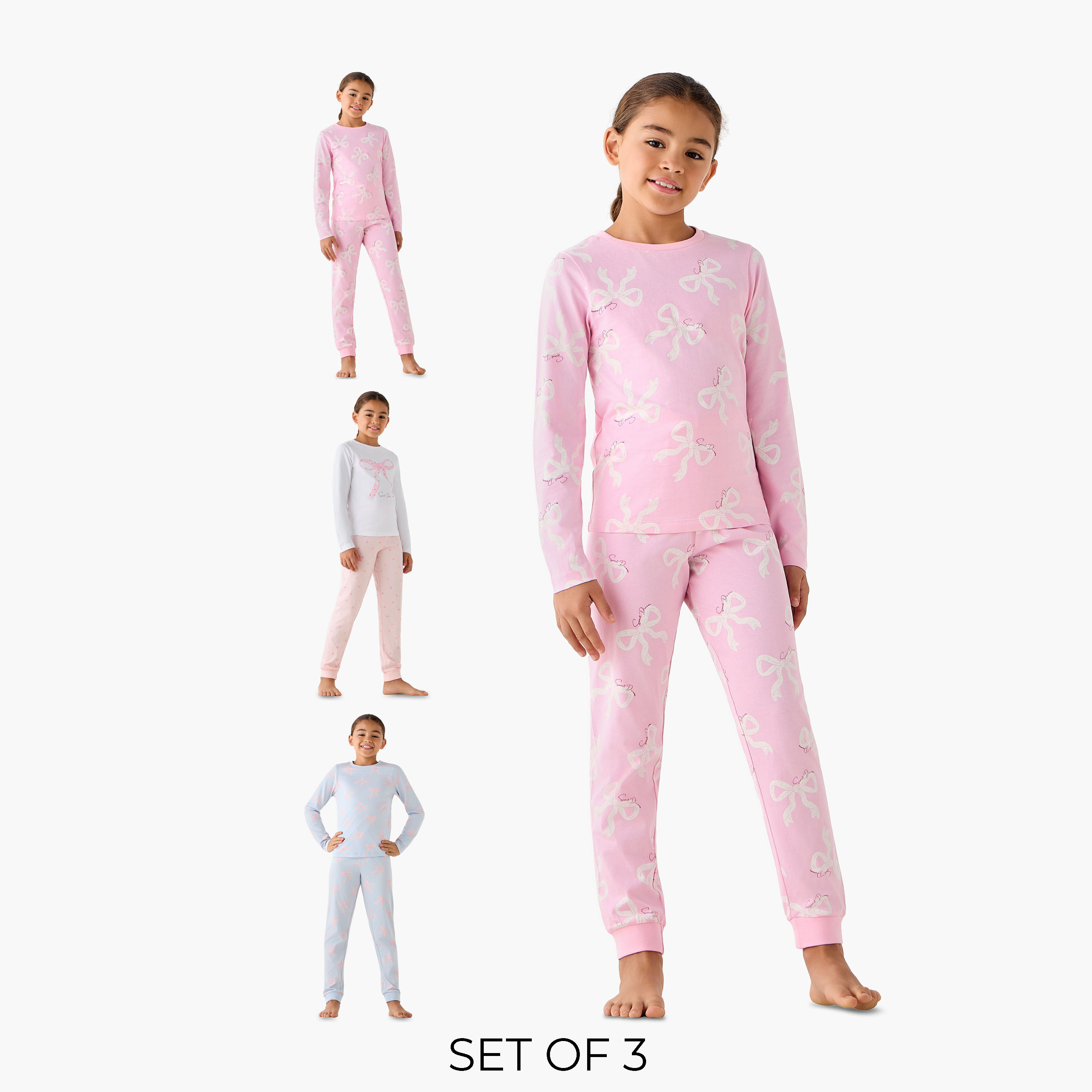 Pack of 3 Juniors Cotton Crew Neck Long Sleeve Pyjama Set with Bow Print-girls-clothing-nightwear-image-1