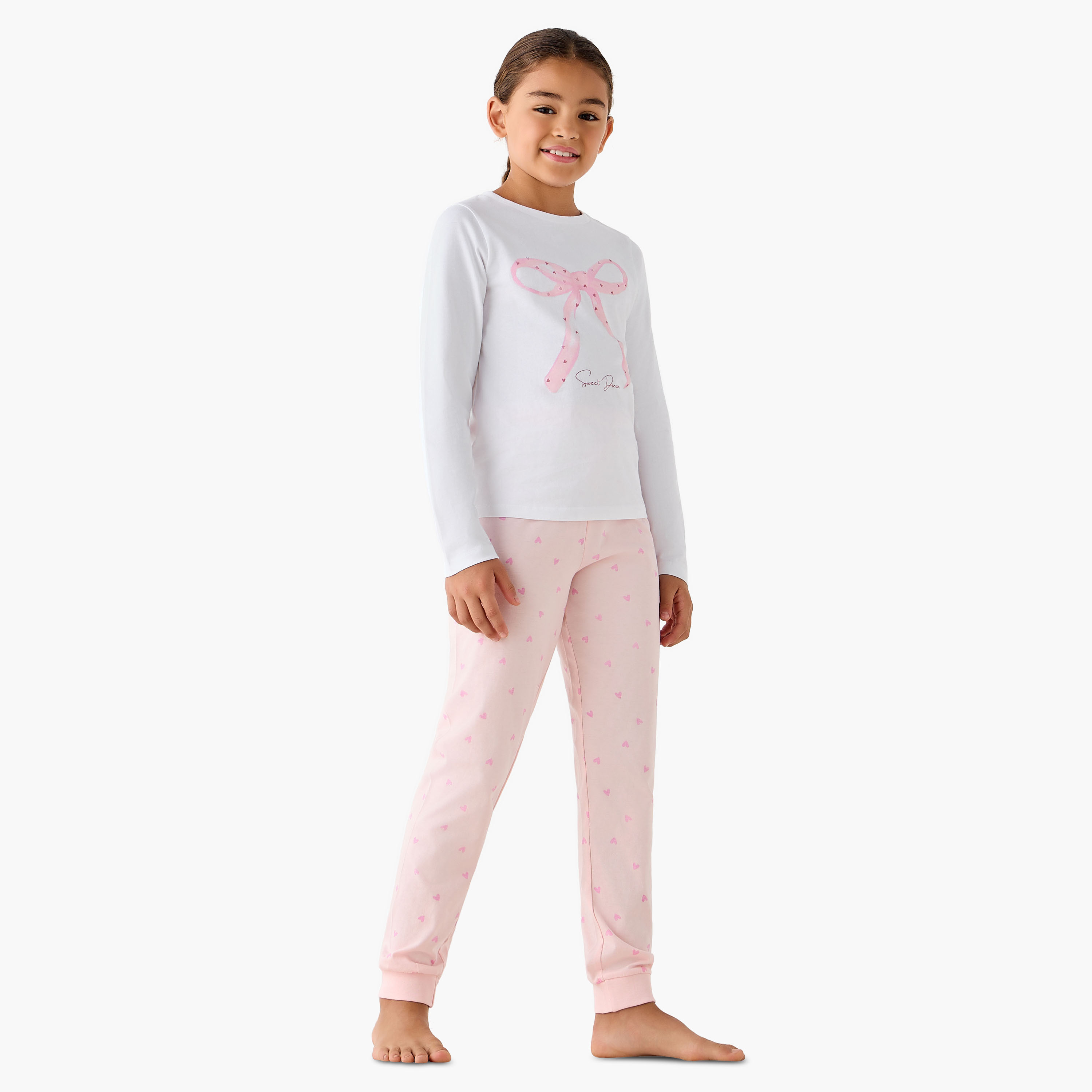 Pack of 3 Juniors Cotton Crew Neck Long Sleeve Pyjama Set with Bow Print-girls-clothing-nightwear-image-3