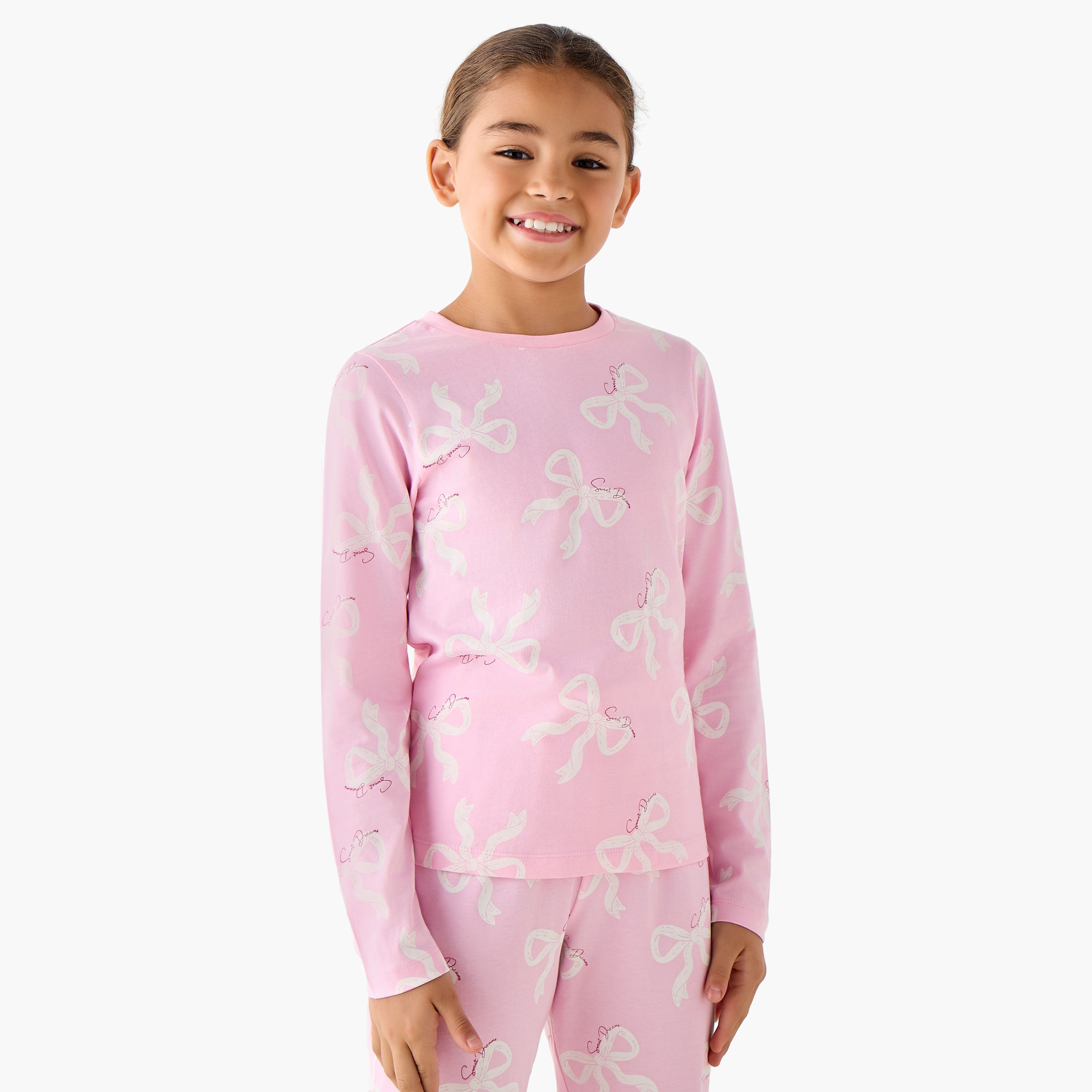 Pack of 3 Juniors Cotton Crew Neck Long Sleeve Pyjama Set with Bow Print-girls-clothing-nightwear-image-4