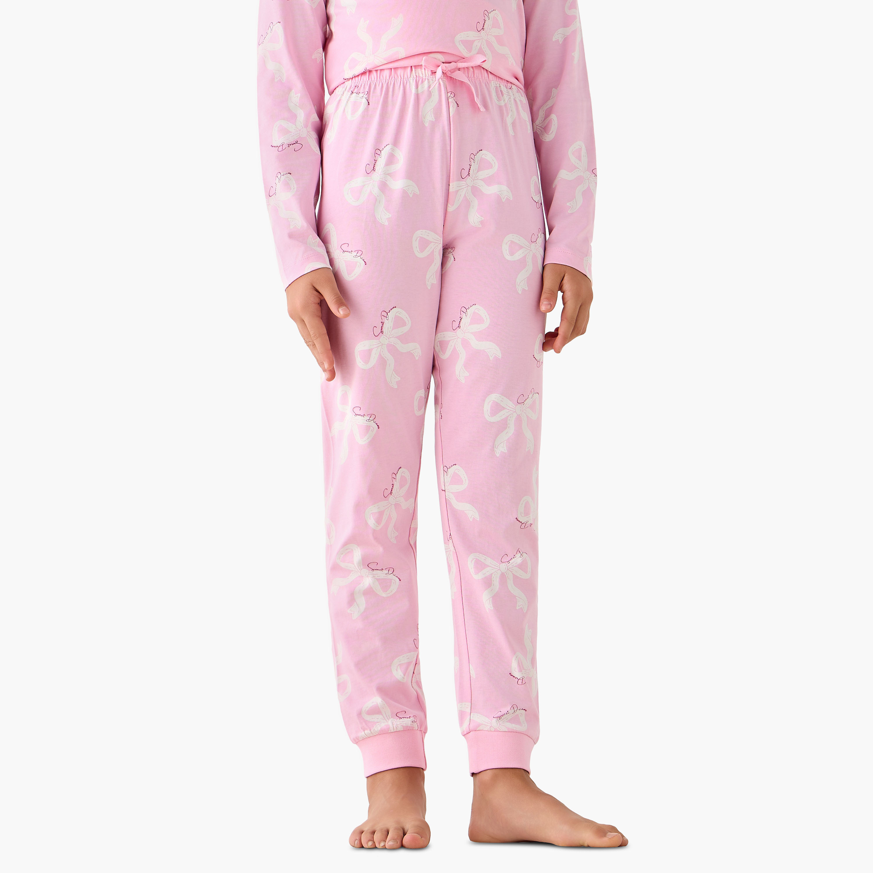 Pack of 3 Juniors Cotton Crew Neck Long Sleeve Pyjama Set with Bow Print-girls-clothing-nightwear-image-5